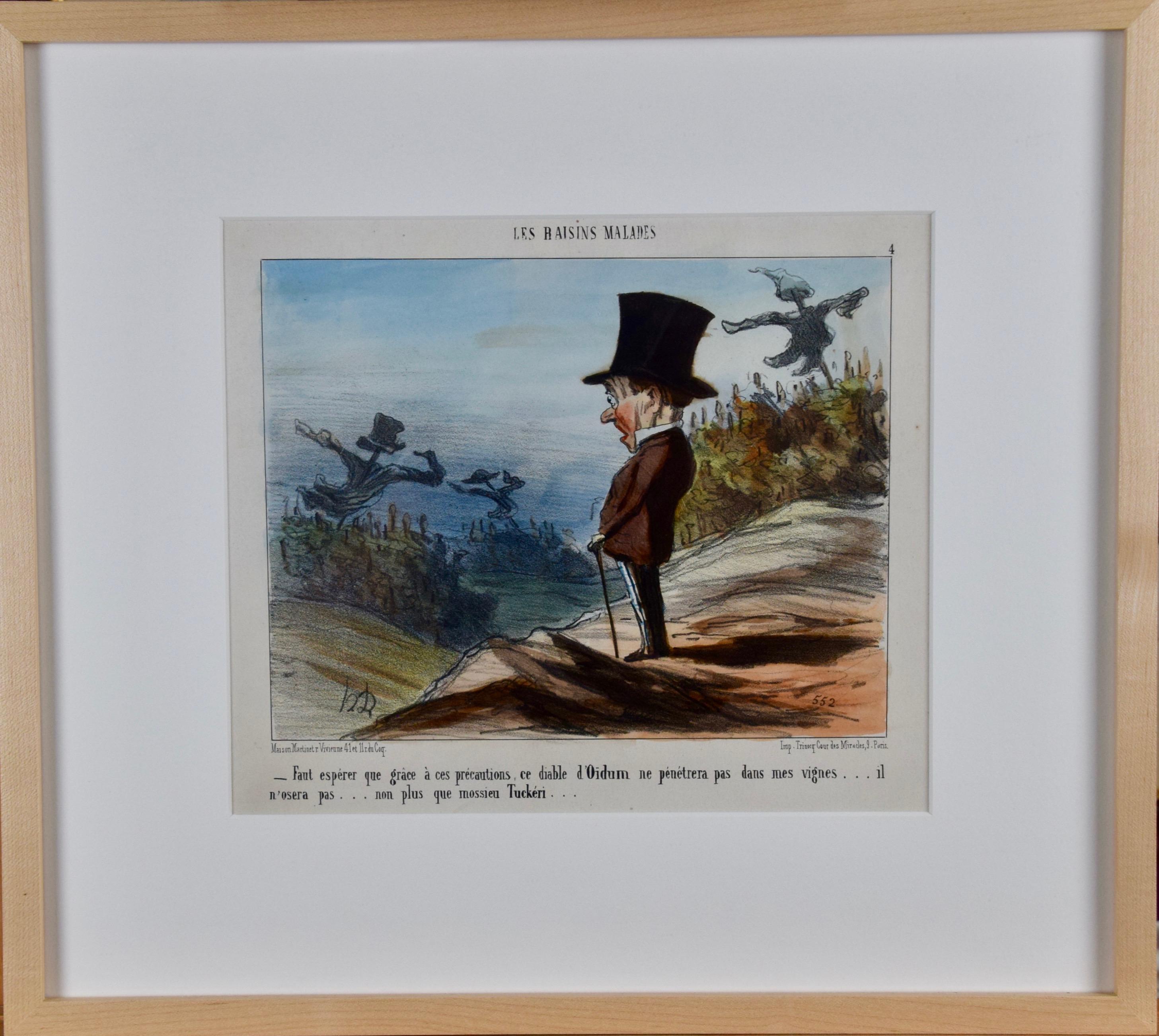 Honoré Daumier Landscape Print – Bunte lithografische Satire eines Mannes, der für sein Wein und seinen Wein bestimmt ist, von Daumier