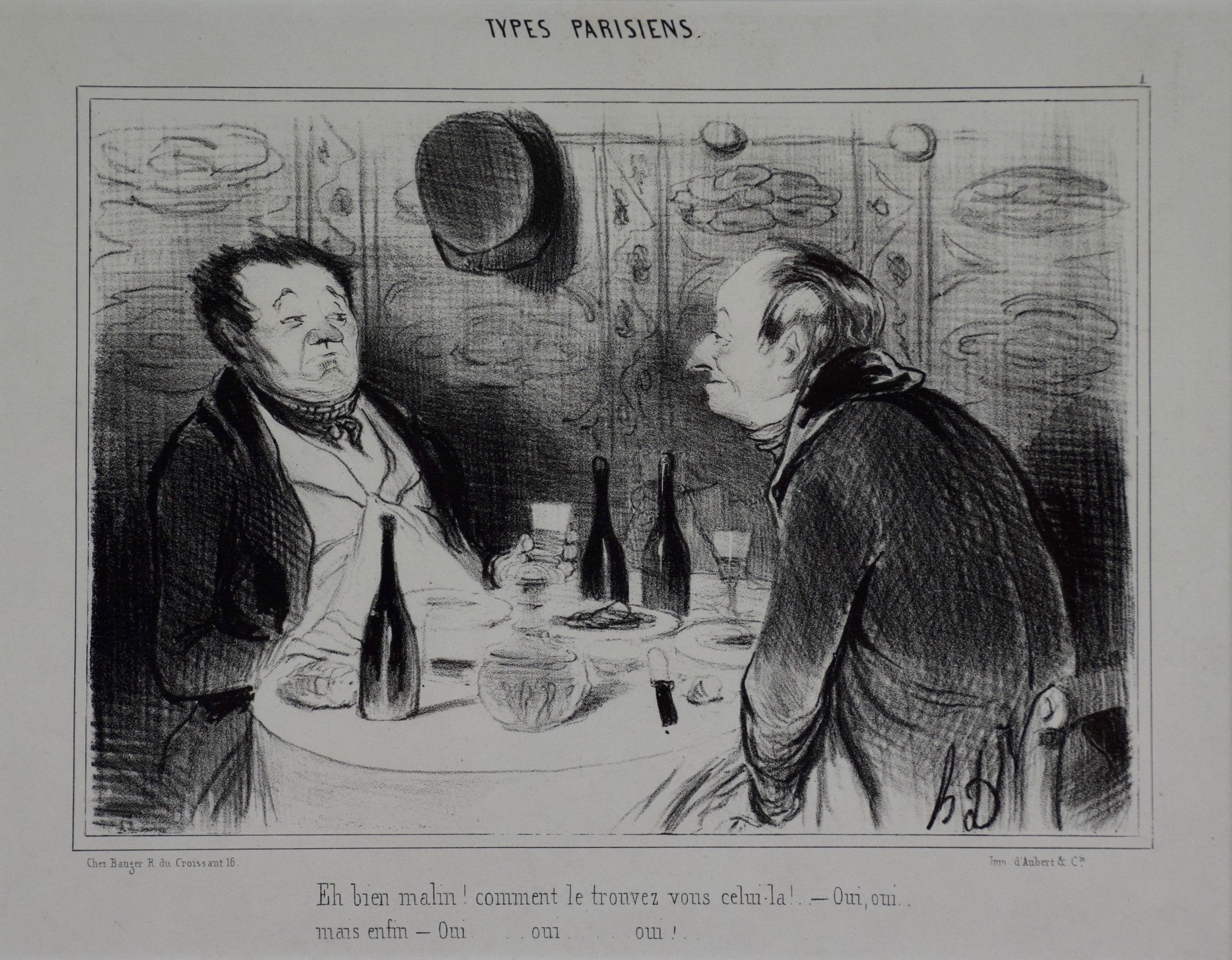Satirische Lithographie von Daumier, die französische Männer beim Tasten und Critiquieren von Wein darstellt – Print von Honoré Daumier