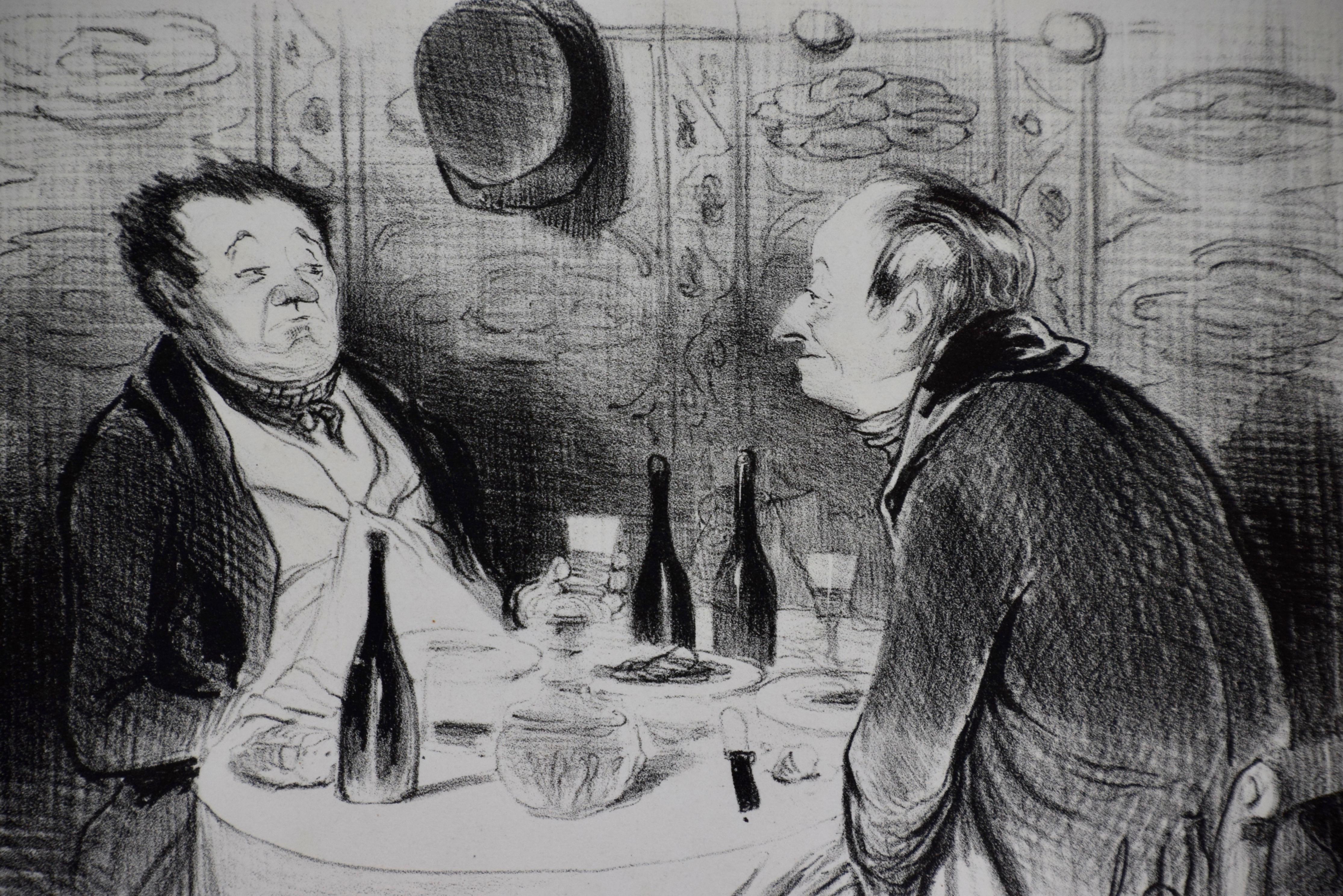 Satirische Lithographie von Daumier, die französische Männer beim Tasten und Critiquieren von Wein darstellt (Sonstige Kunststile), Print, von Honoré Daumier