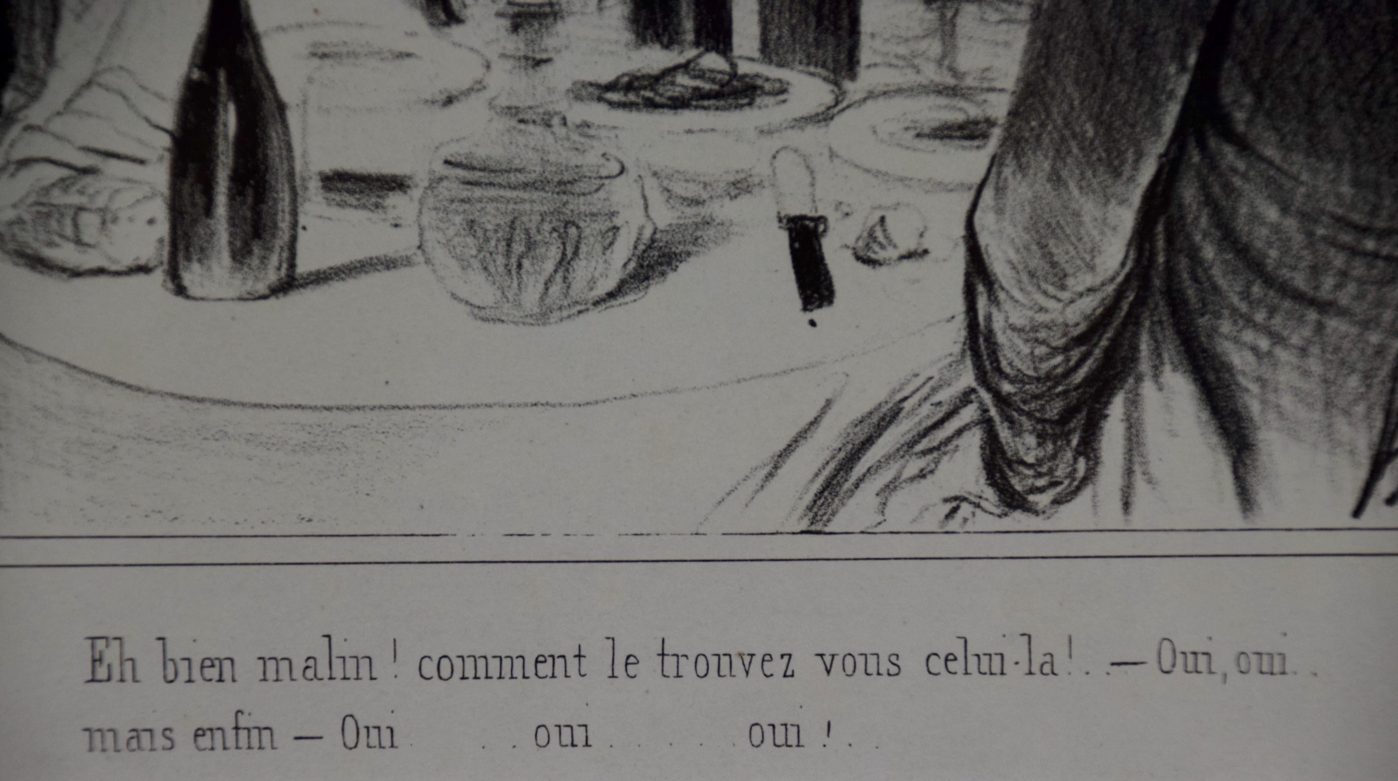Satirische Lithographie von Daumier, die französische Männer beim Tasten und Critiquieren von Wein darstellt (Grau), Portrait Print, von Honoré Daumier