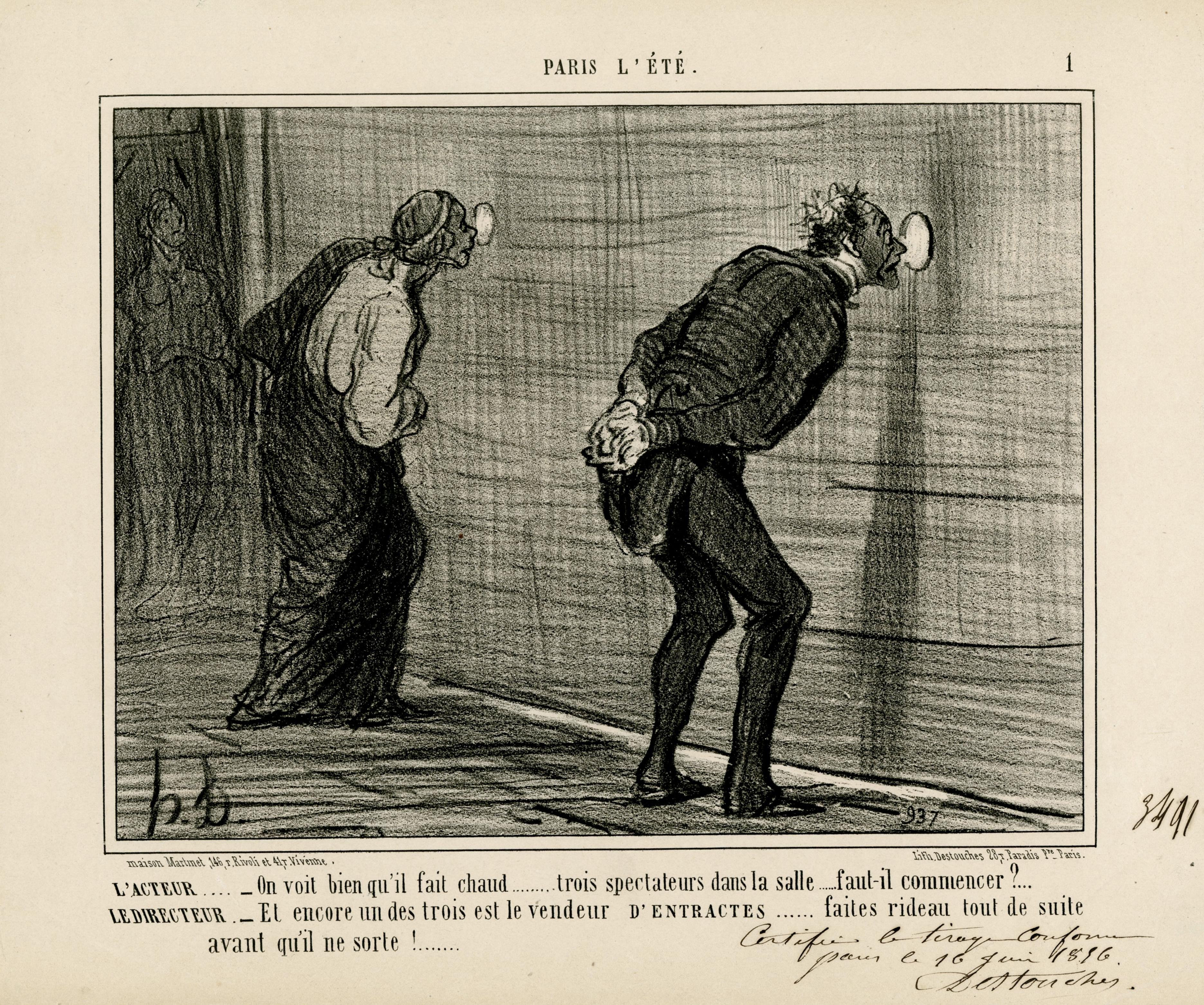 Figurative Print Honoré Daumier - L'ACTEUR . . . - On voit bien qu'il fait chaud... trois spectateurs