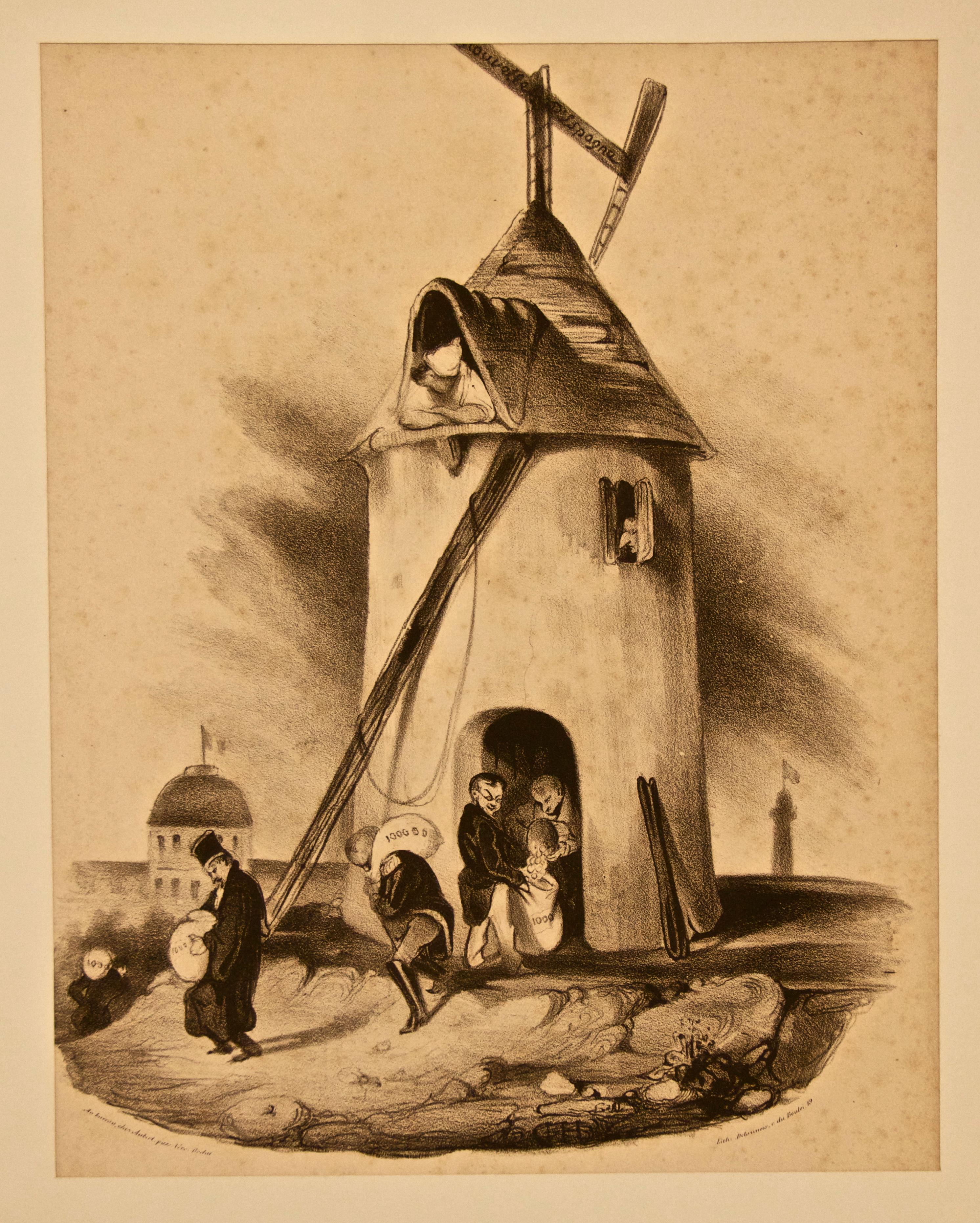 Figurative Print di Honoré Daumier - Le Moulin du Télégraphe (Nouvelles d'Espagne) - Litografia di H. Daumier - Anni '30 dell'800
