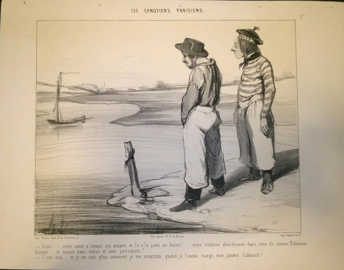 Lithographie auf Papier.

In der Platte signiert. Teil der Serie von zwanzig Tafeln mit humorvollen Szenen von Schiffern und Schifffahrt auf der Seine. 

Titel, von den Figuren gesprochene Zeilen und Angaben zu Produktion und Veröffentlichung auf