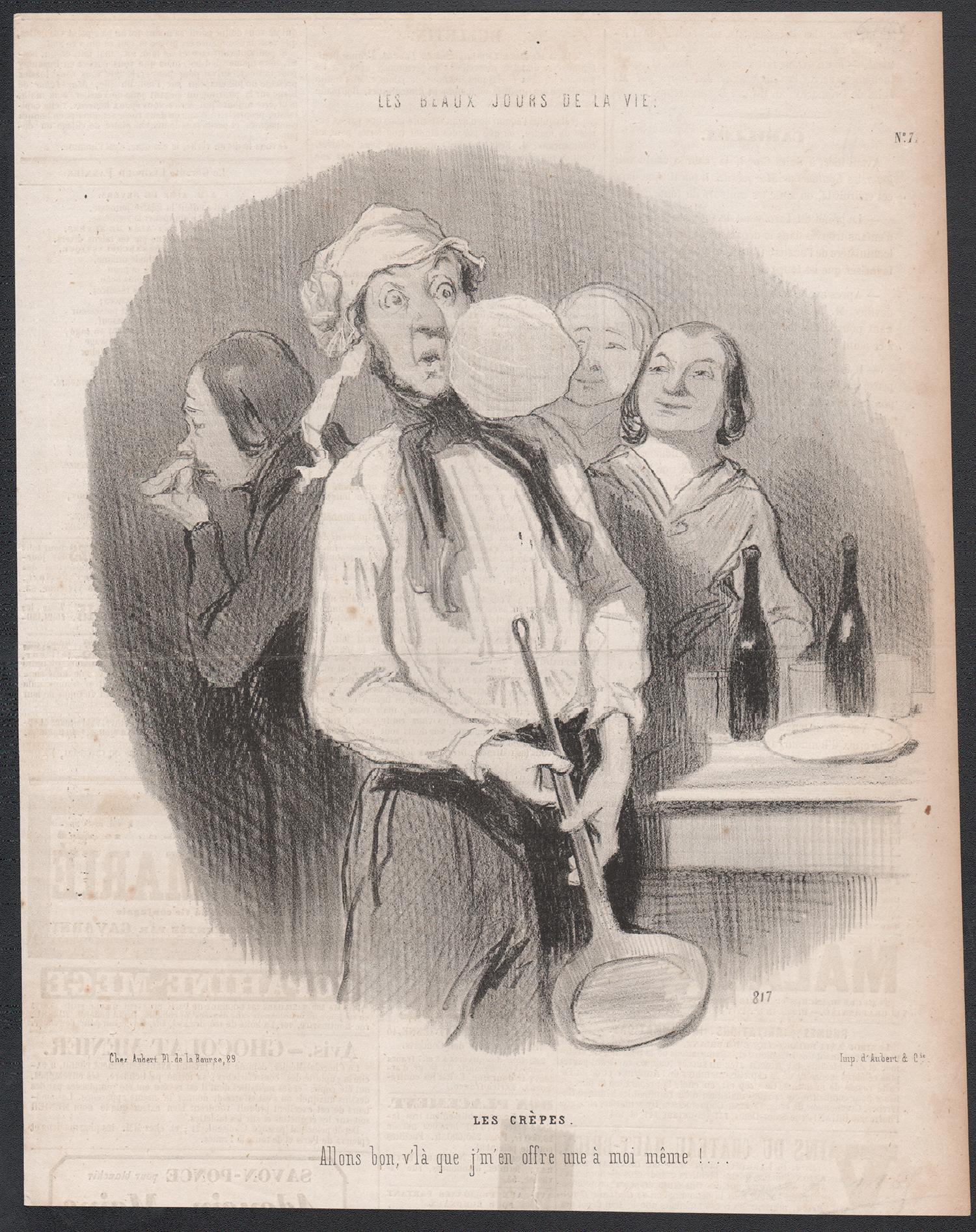 Les Crepes, French pancake cooking kitchen lithograph by Honore Daumier, 1848 - Print by Honoré Daumier