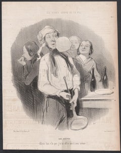 Les Crepes, French pancake cooking kitchen lithograph by Honore Daumier, 1848