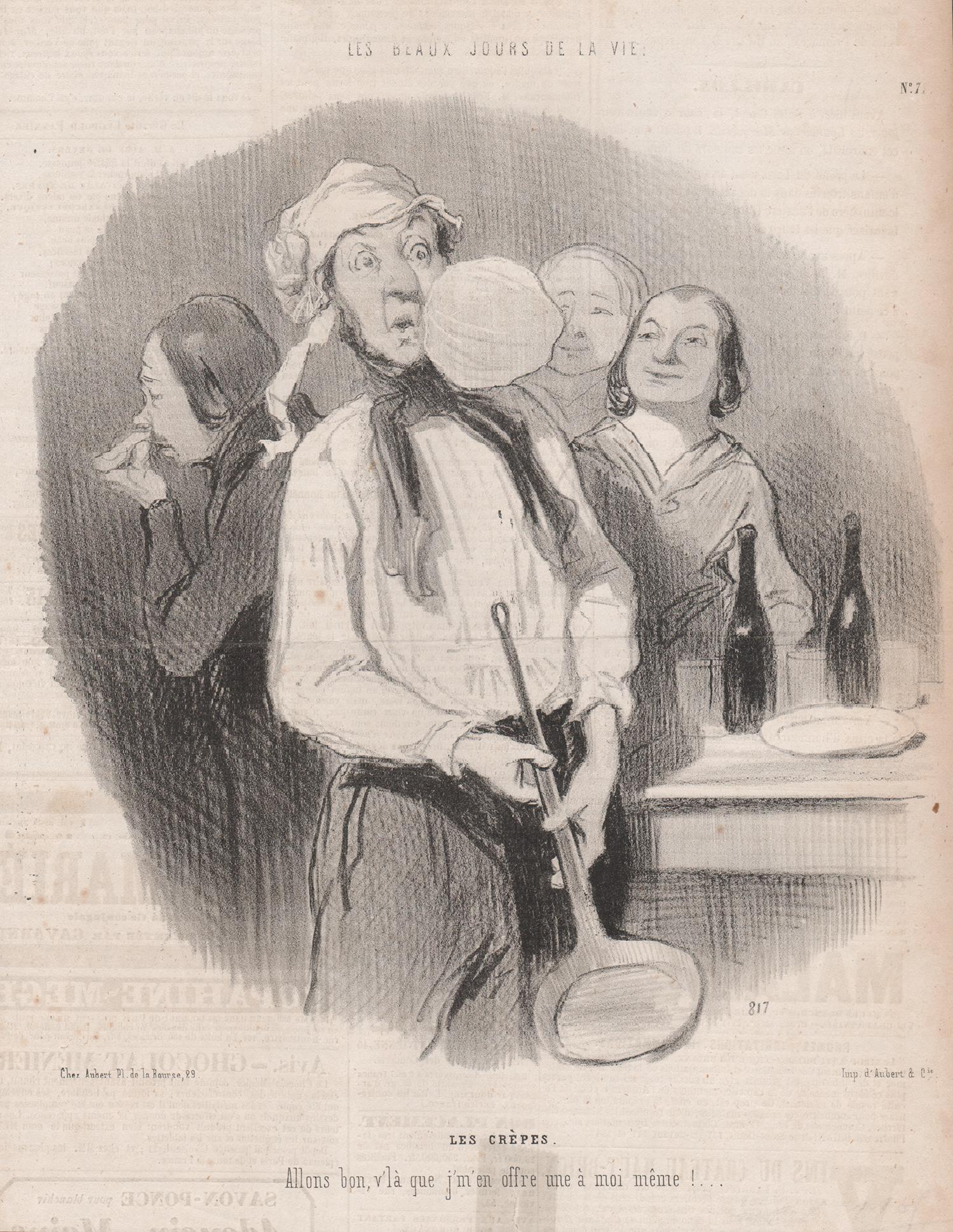 Honoré Daumier Figurative Print - Les Crepes, French pancake cooking kitchen lithograph by Honore Daumier, 1848
