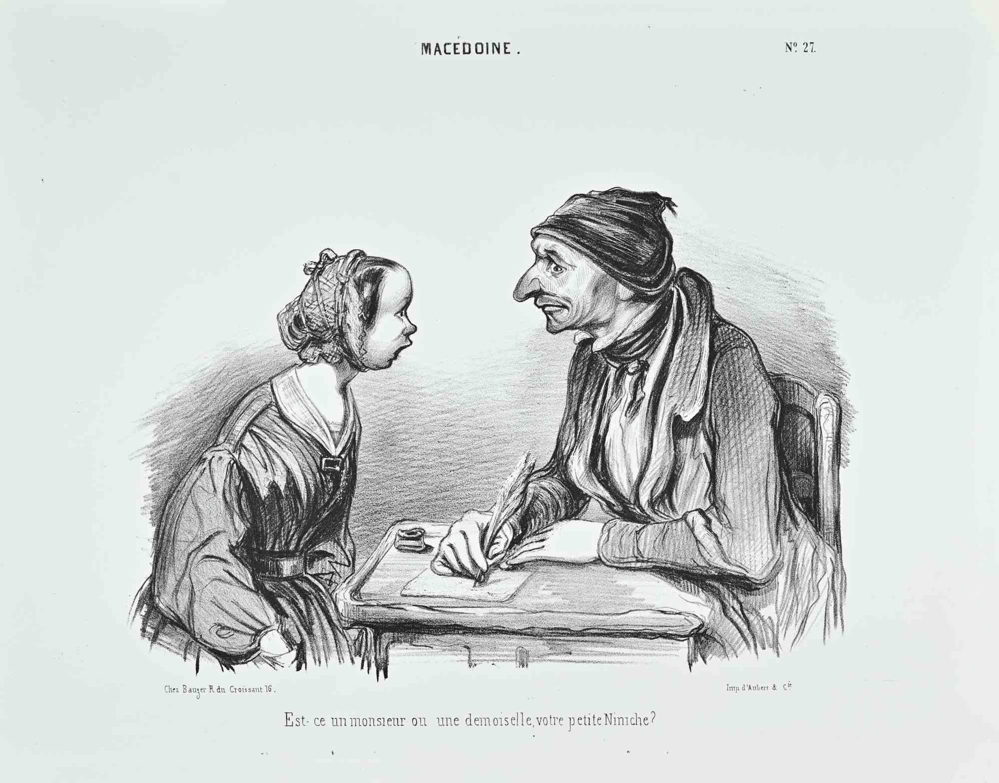 Lithograph on wove paper realized in the mid-19th Century.

This finely executed satirical lithograph presents an intimate interior scene rendered with subtle psychological tension. A young girl, shown in profile, stands opposite an elderly man