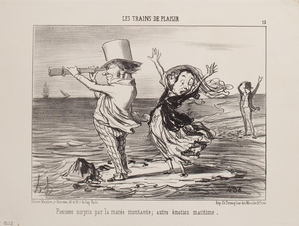 Honoré Daumier Figurative Print - Parisiens Surpris par la Marée - Lithograph by H. Daumier - 1852