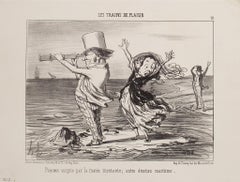 Antique Parisiens Surpris par la Marée - Lithograph by H. Daumier - 1852