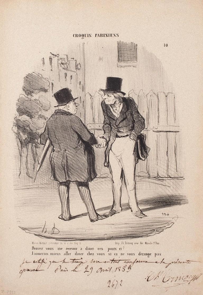 Honoré Daumier Figurative Print - Pouvez Vous me Recevoir à Diner ce Soir? - Lithograph by H. Daumier - 1850s