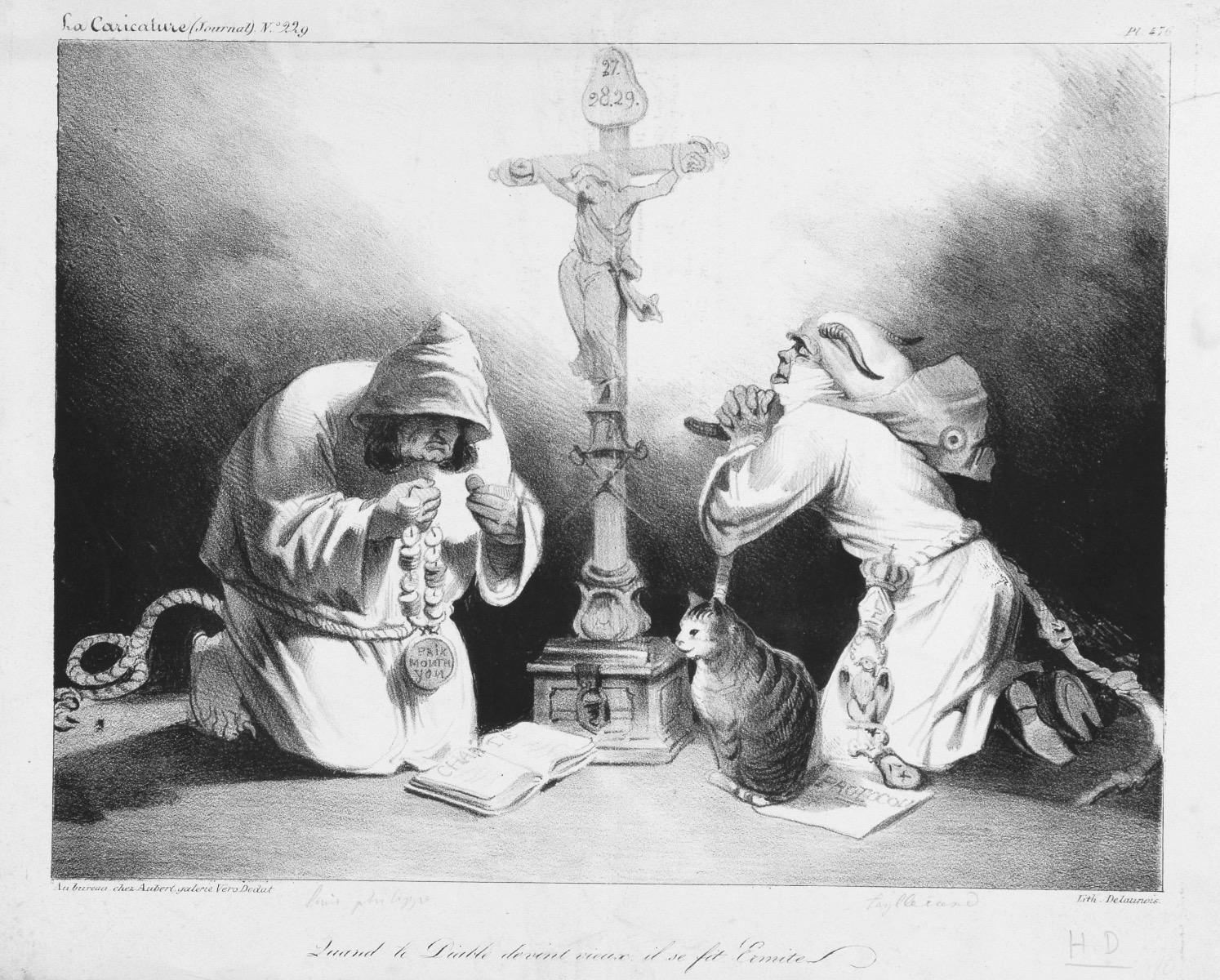 Honoré Daumier Figurative Print - Quand le Diable devient vieux il se fai hermite- Lithograph by H. Daumier - 1835