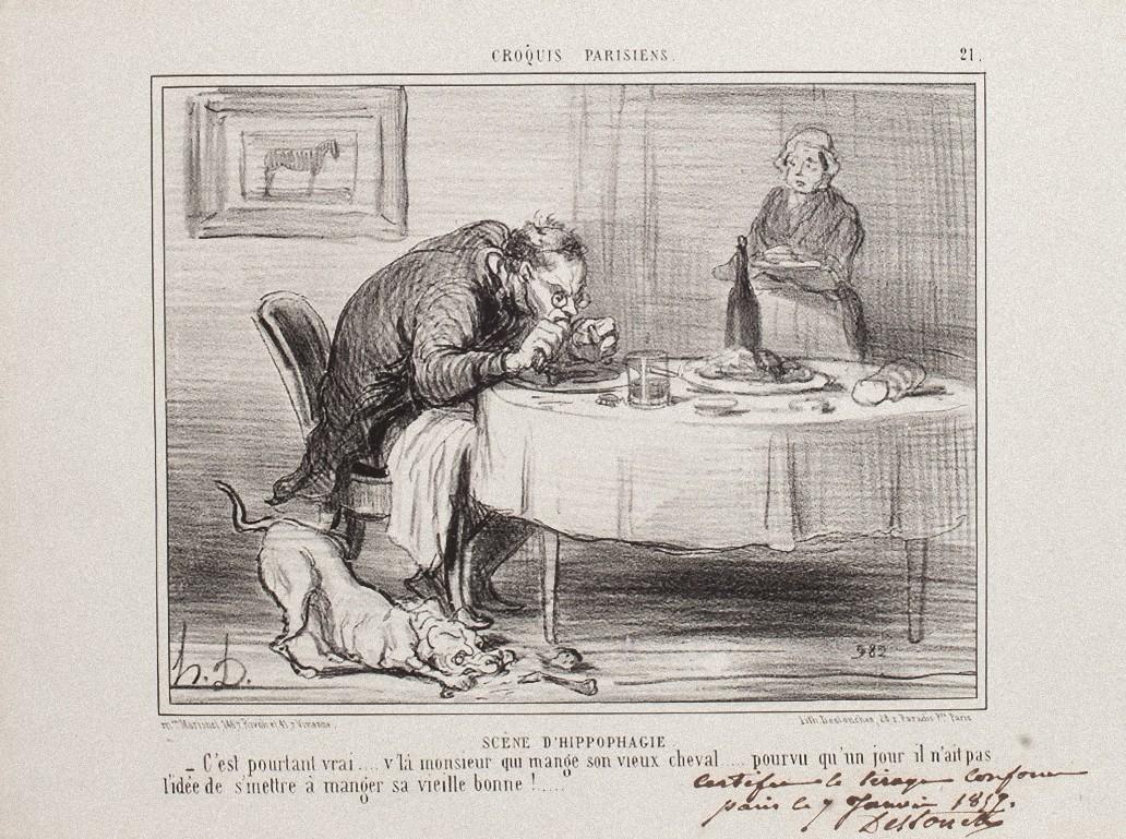 Honoré Daumier Figurative Print - Scêne d'Hippophagie -  Lithograph by H. Daumier - 1857
