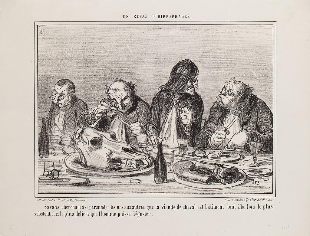 Honoré Daumier Figurative Print - Un Repas D’Hippophages - Lithograph by H. Daumier - 1856