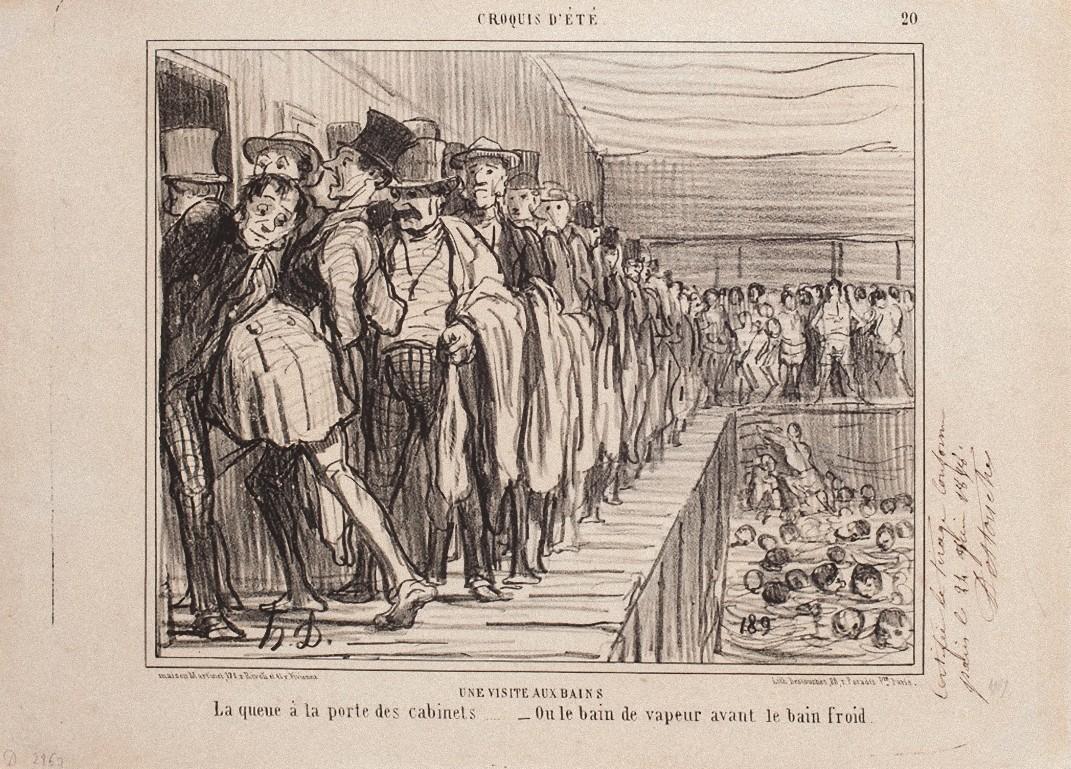 Honoré Daumier Figurative Print - Une Visite Aux Bains - Lithograph by H. Daumier - 1858