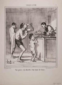 Antique Vue Prise à la Buvette d'un Bain de Seine - Lithograph by Honoré Daumier - 1858
