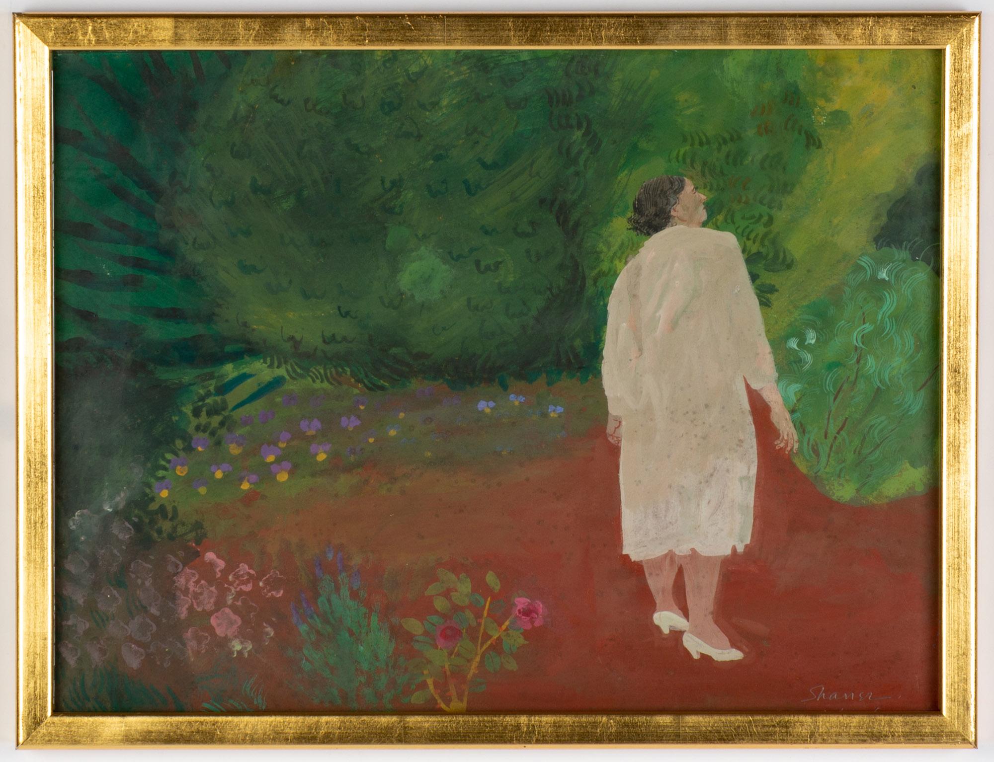 « Femme en train d'écrire », Honore Sharrer, Paysage réaliste magique avec flore et personnage en vente 1