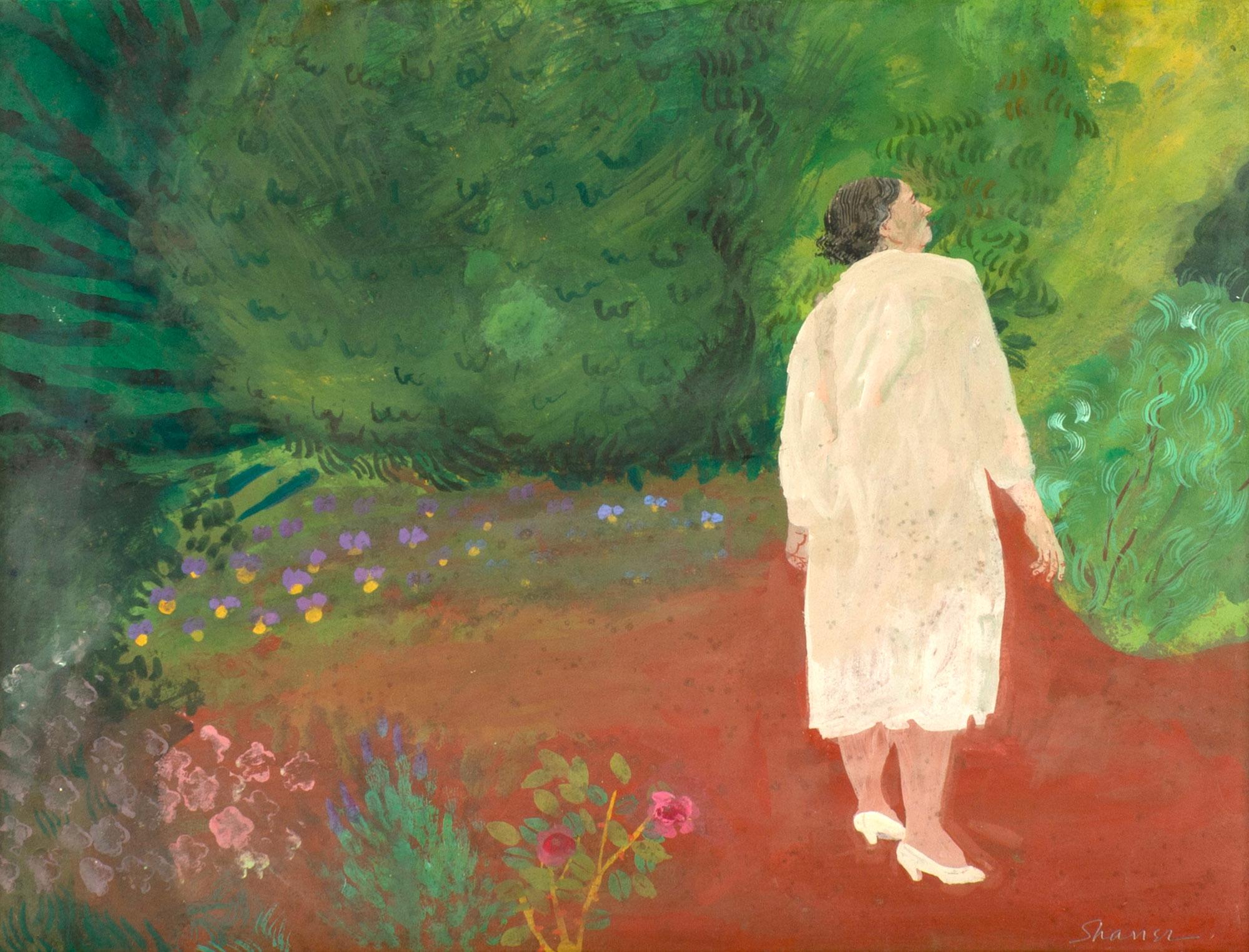 „Woman Listening“, Honore Sharrer, Magische Realismus-Landschaft mit Flora und Figur