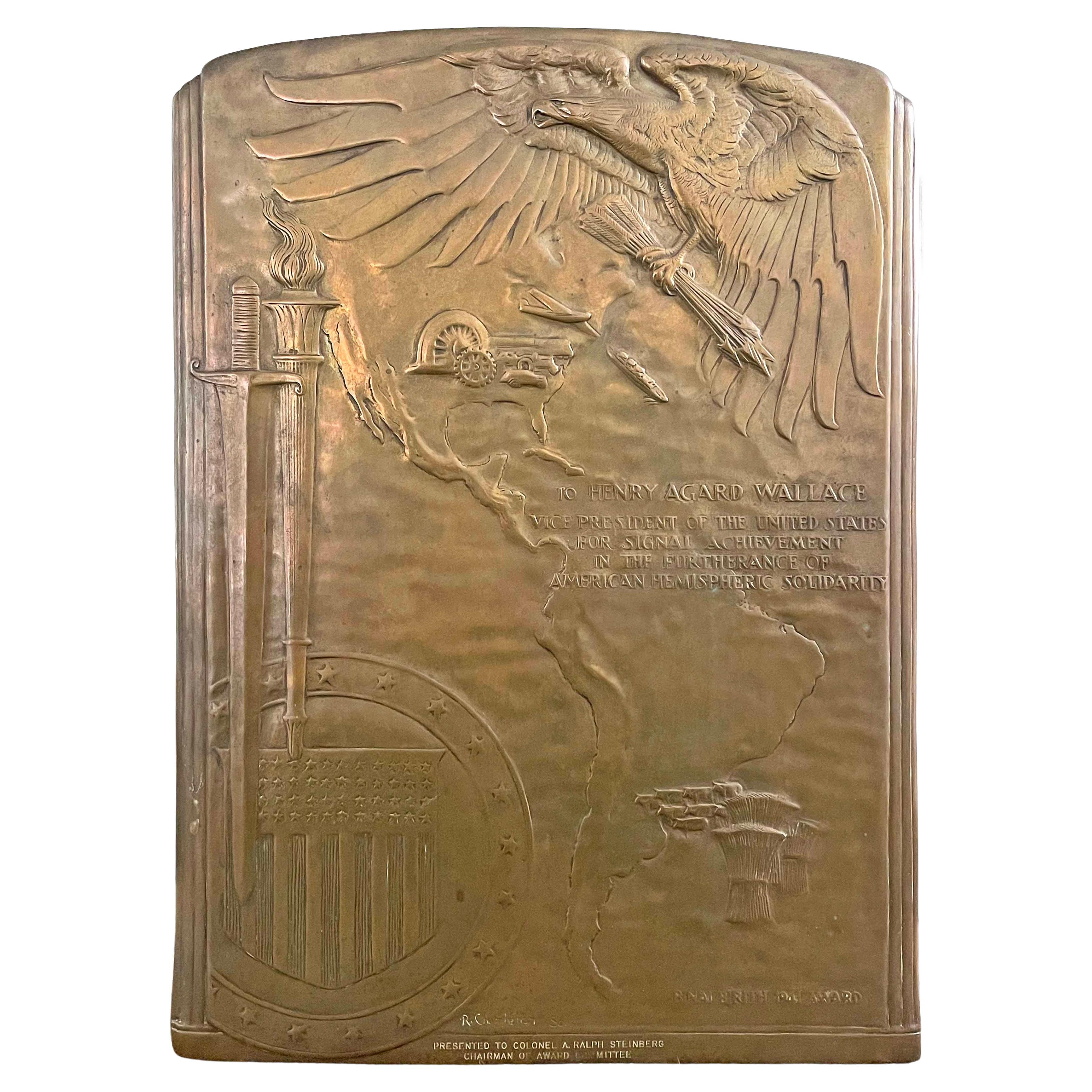 "Honoring Henry Agard Wallace", bronze Art Déco de Chambellan pour B'nai B'rith en vente