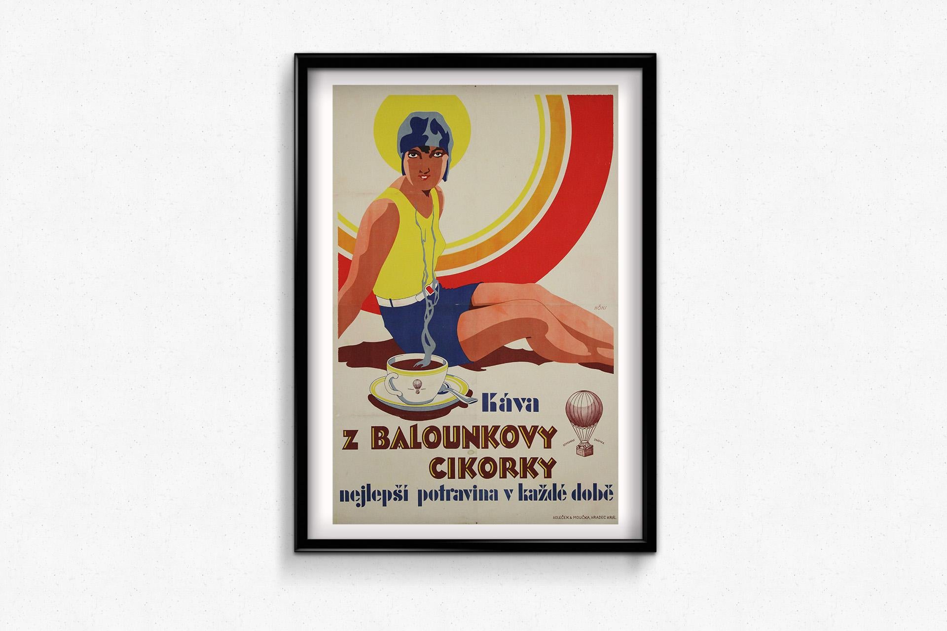 The circa 1930 original advertising poster by Hons for Káva Z Balounkovy Cikorky is a remarkable piece of graphic design from early 20th-century Czechoslovakia. Created to promote the coffee substitute made from roasted chicory root, this poster