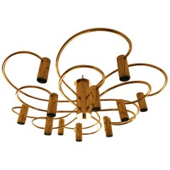Vintage Honsel Two-Tier Flush Mount Brass Spiral Chandelier Twelve-Light