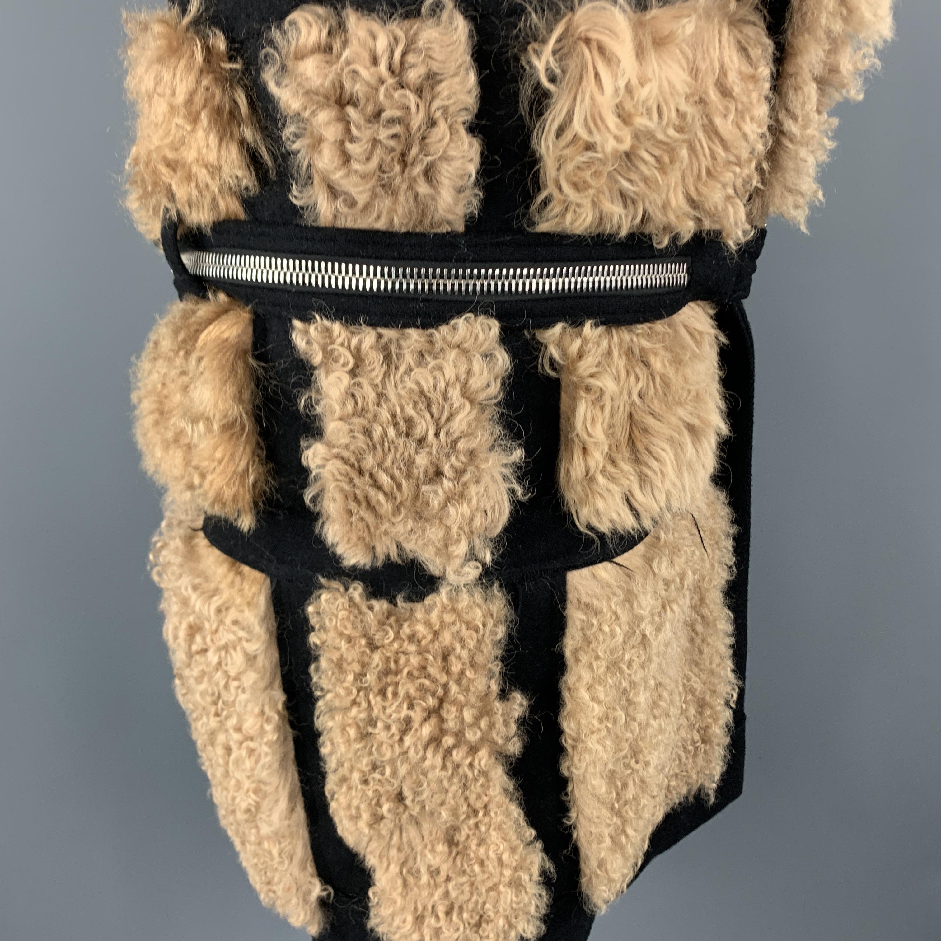 Beige HOOD BY AIR Size 36 Black & Tan Fur Panel Layer Hooded Coat