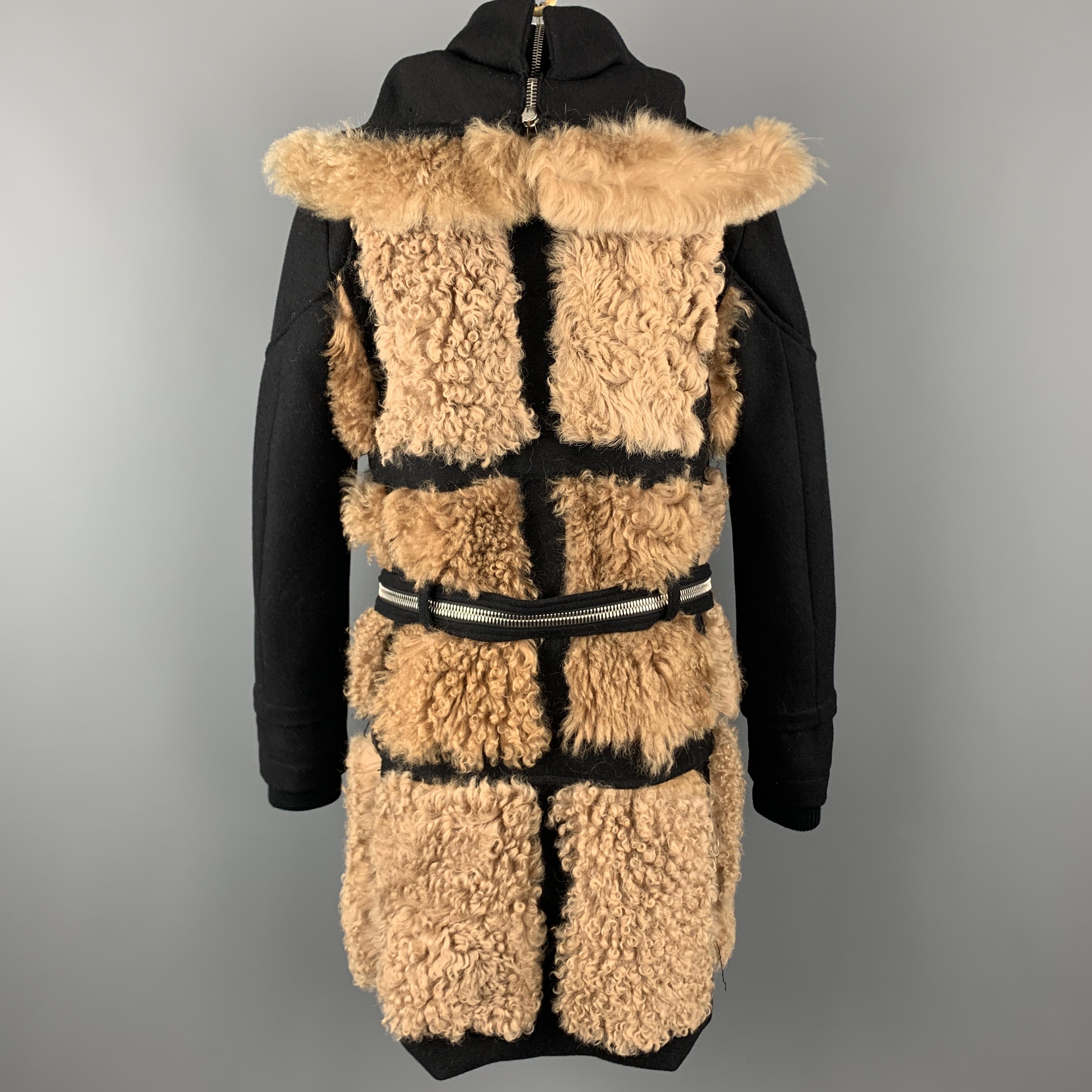 HOOD BY AIR Size 36 Black & Tan Fur Panel Layer Hooded Coat In New Condition In San Francisco, CA