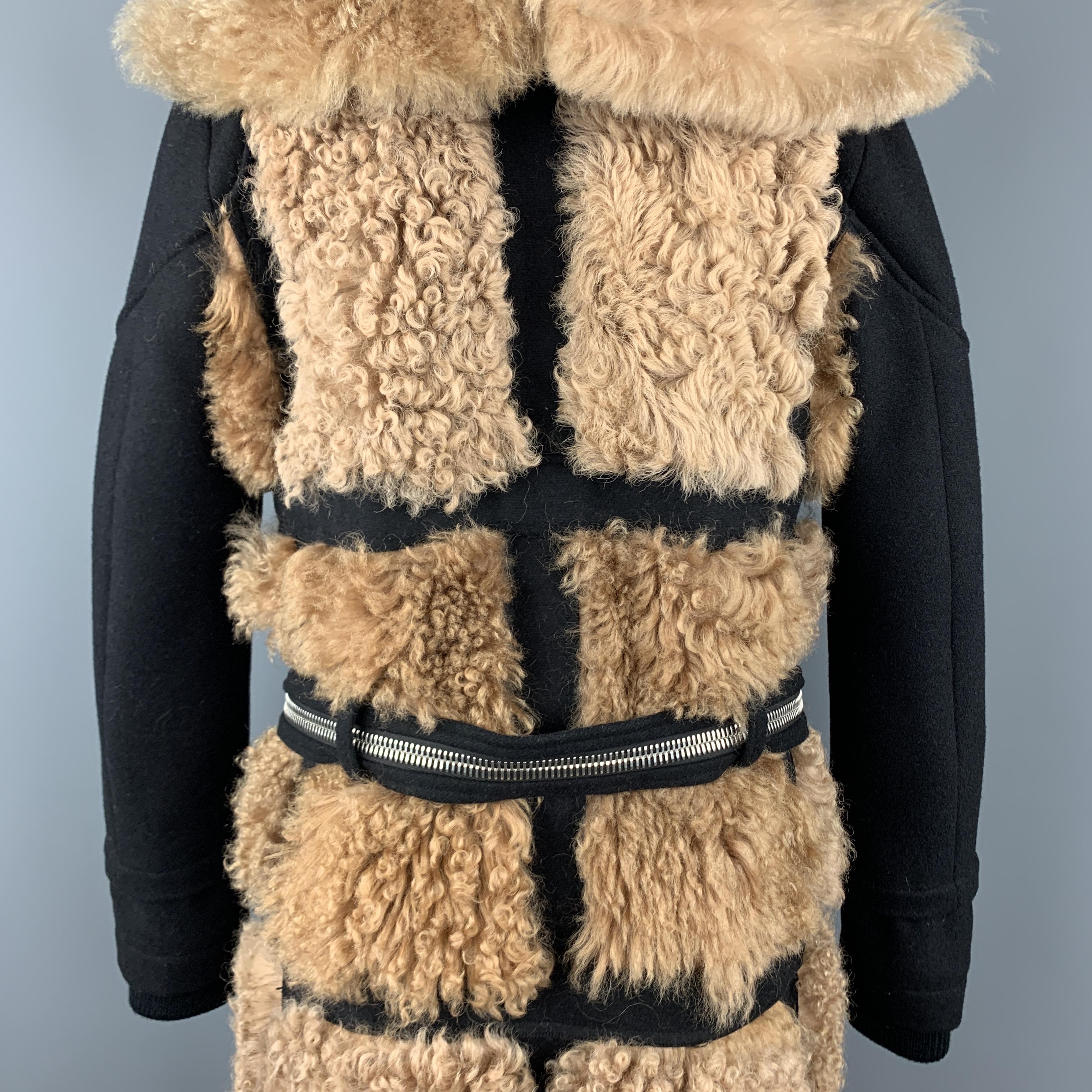 Men's HOOD BY AIR Size 36 Black & Tan Fur Panel Layer Hooded Coat
