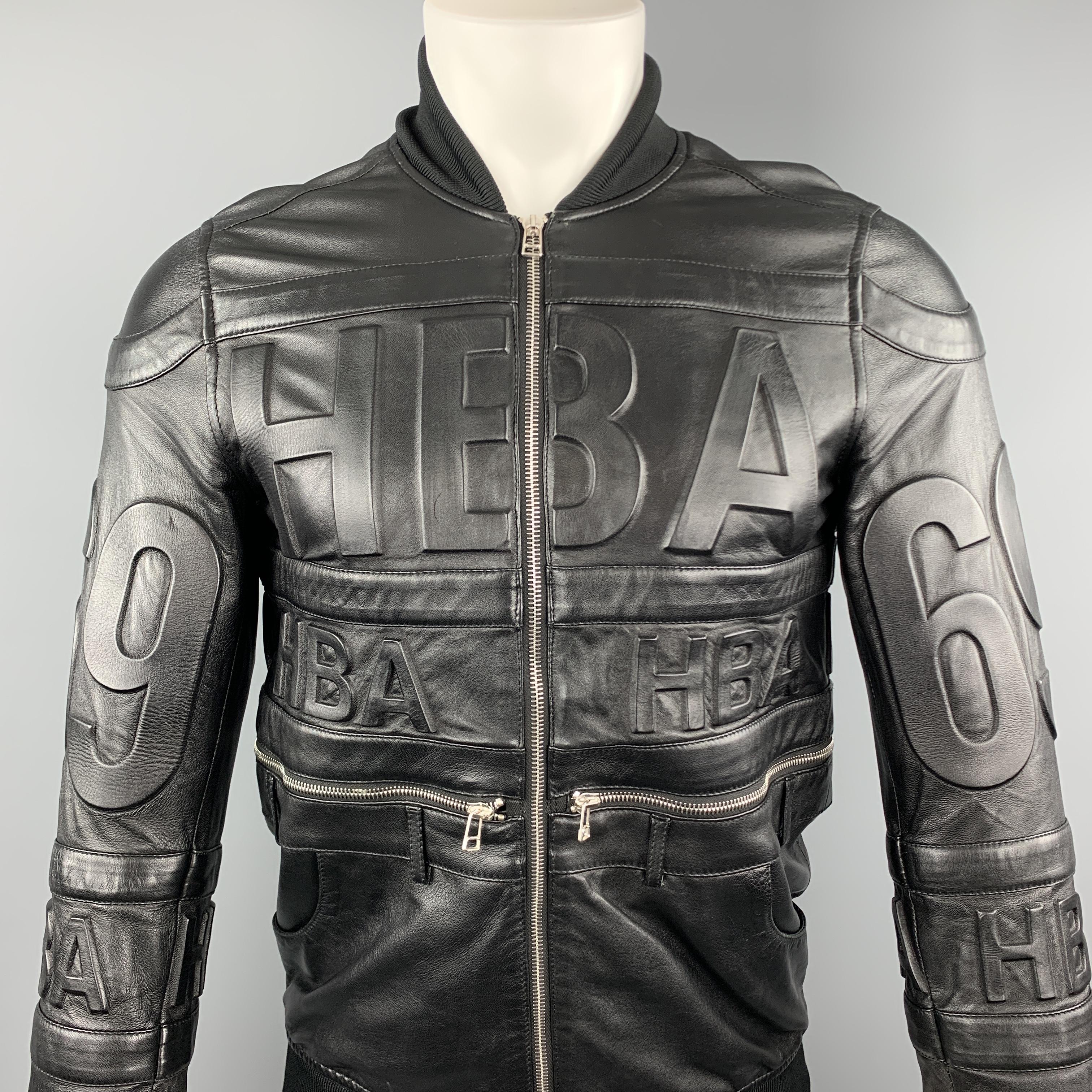 HOOD BY AIR jacket comes in a black leather featuring Hood By Air's signature embossed all-over detailing, exposed zippers, slim fit, ribbed jersey trim, and a full zip closure. Made in Europe.

Good Pre-Owned Condition.
Marked: