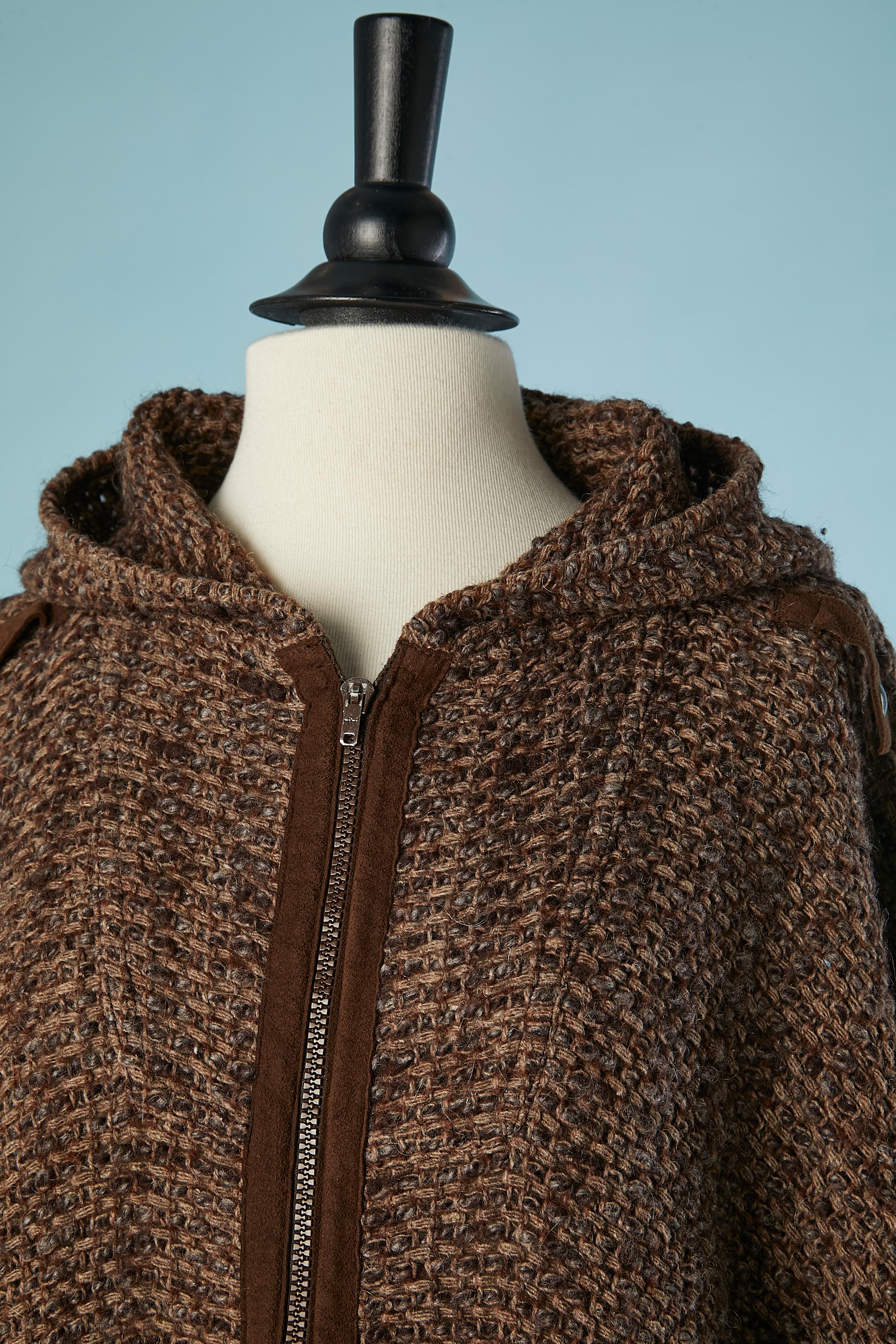 Black Hooded brown chiné cape in woven wool with middle front zip Daniel Hechter  For Sale