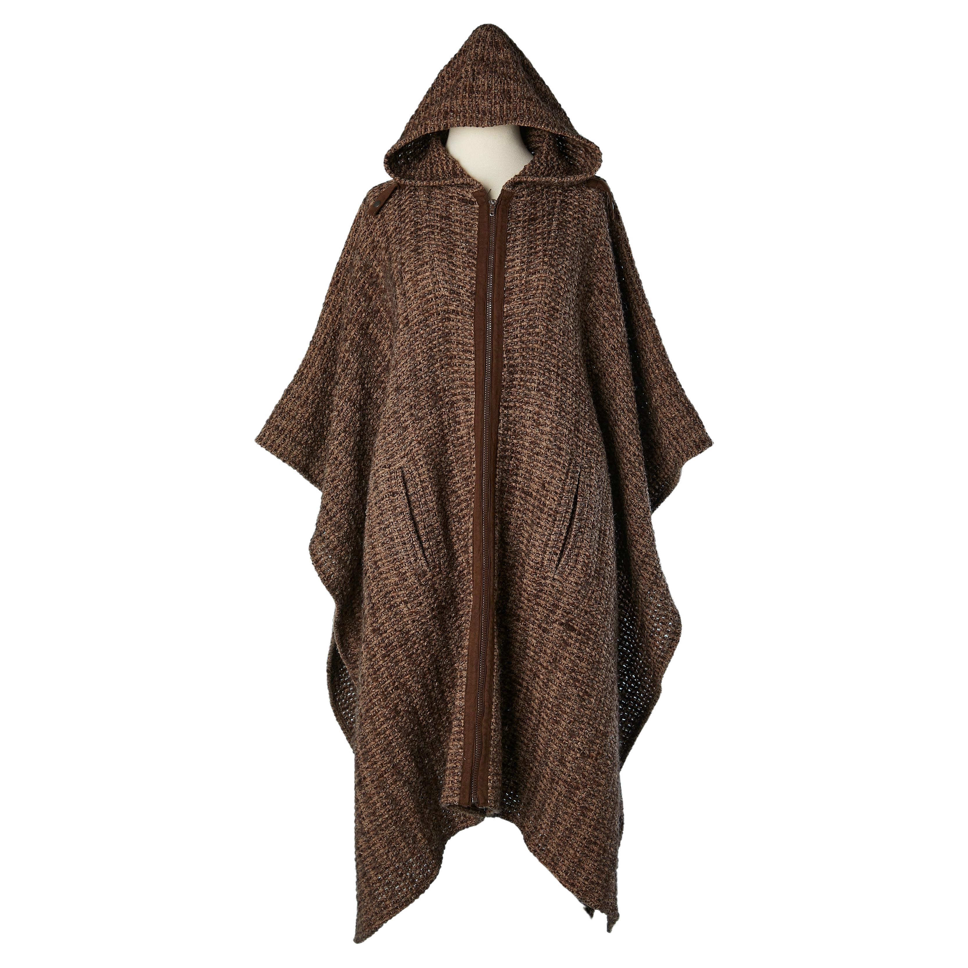 Hooded brown chiné cape in woven wool with middle front zip Daniel Hechter  For Sale