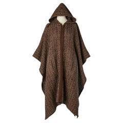 Vintage Hooded brown chiné cape in woven wool with middle front zip Daniel Hechter 