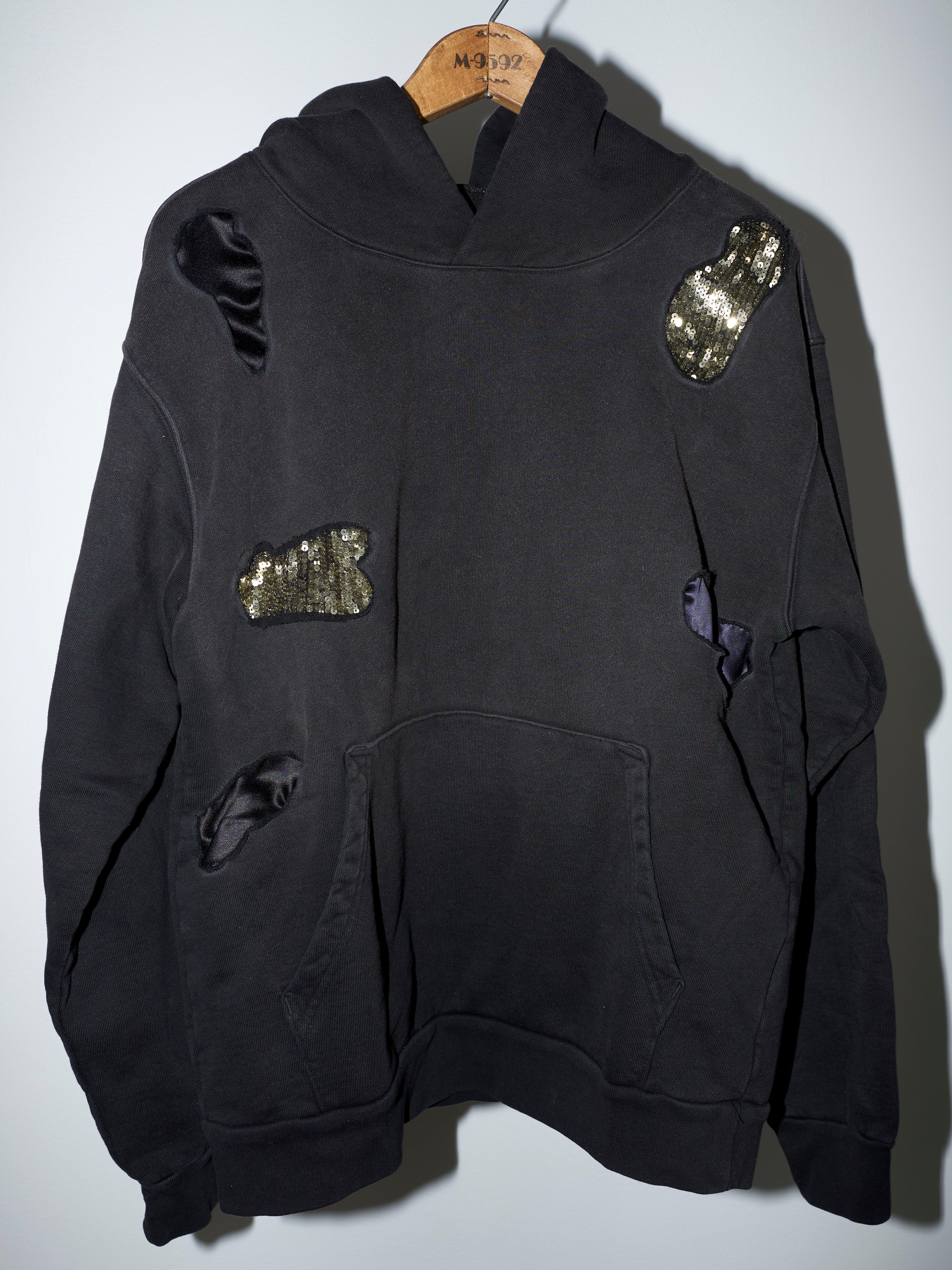 Hoodie Black  Patchwork Sequin Silk Organic Cotton In New Condition In Los Angeles, CA