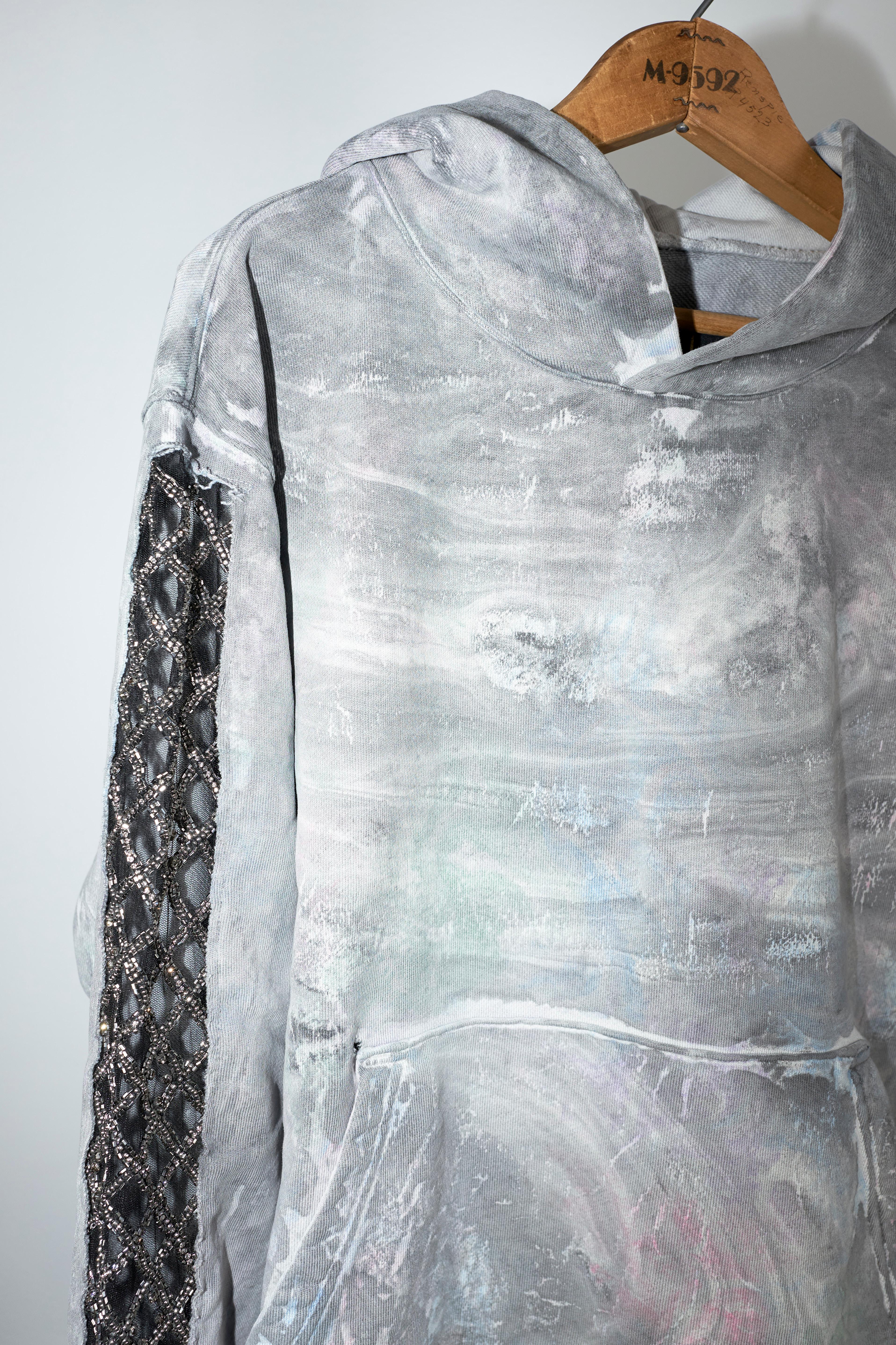 Hoodie Chrystal Embellishment Grey Pastel Marble Dye Organic Cotton J Dauphin In New Condition In Los Angeles, CA