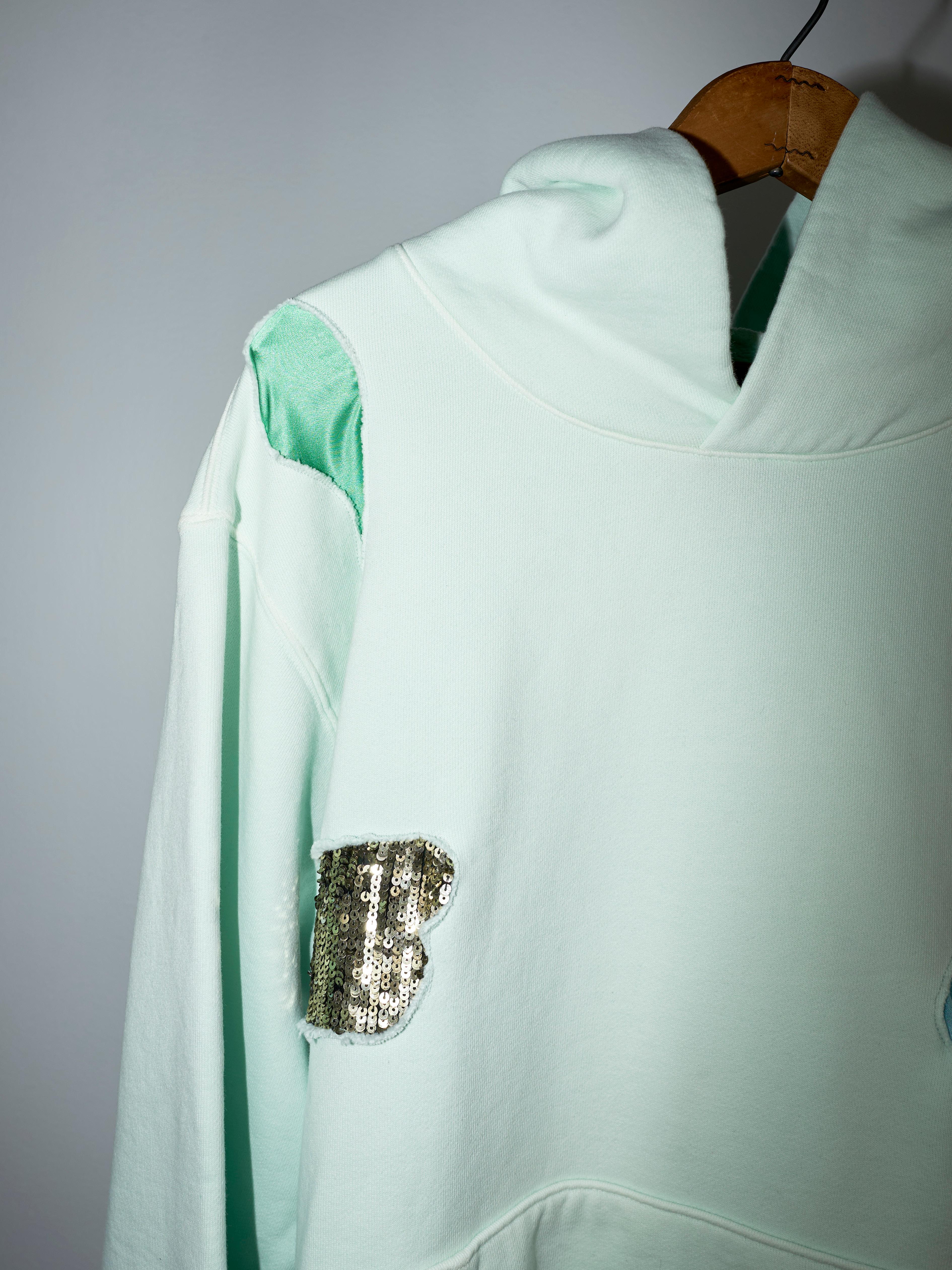 Sweat-shirt Hoodie vert menthe à sequins patchwork en coton biologique J Dauphin Pour femmes en vente