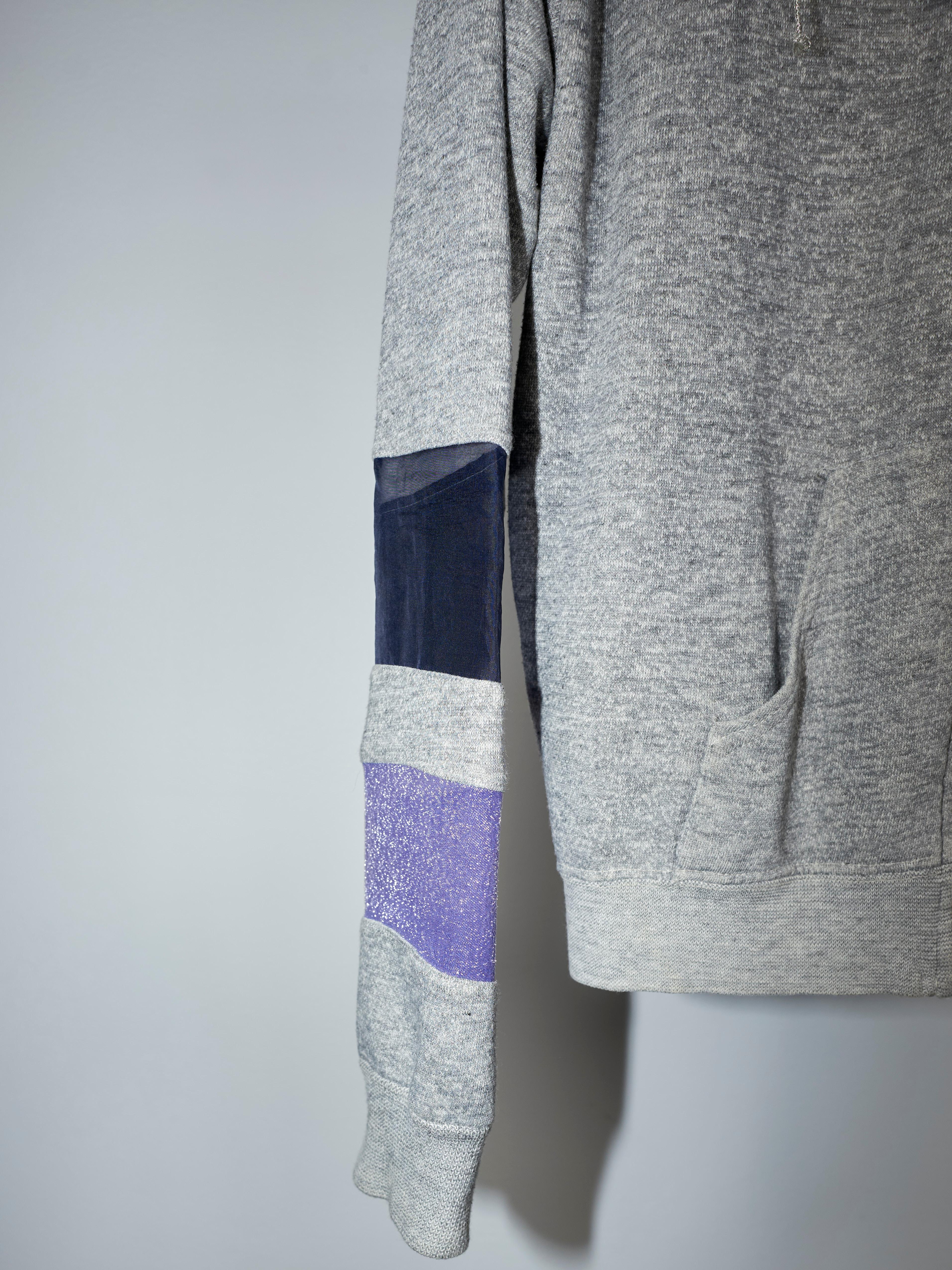 Hoodie Sweatshirt Patchwork Grey Melange Silk Organza J Dauphin In New Condition For Sale In Los Angeles, CA