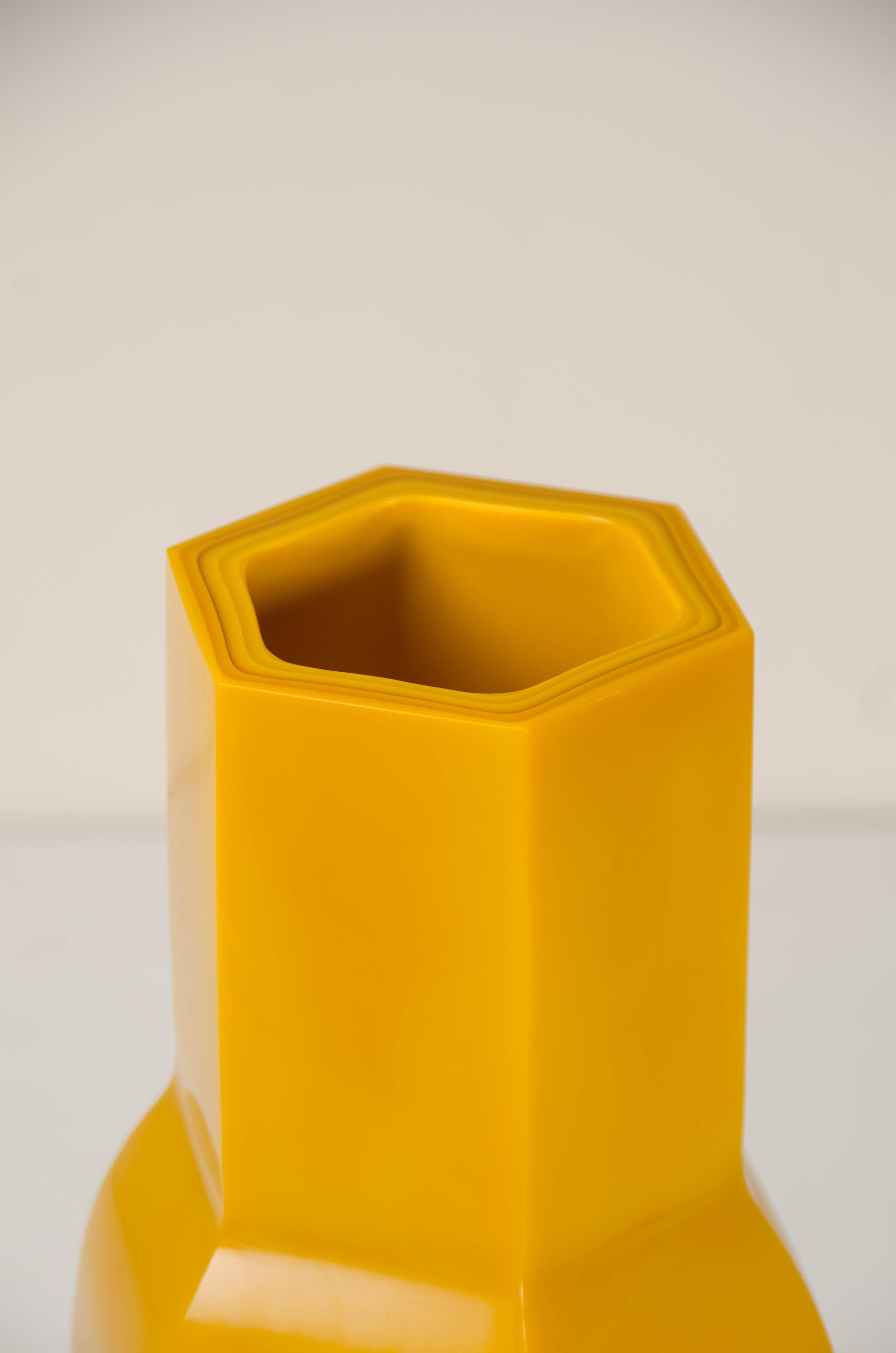 Hand-Carved Hoof Vase, Yellow Peking Glass by Robert Kuo, Hand Blown Glass, Limited Edition