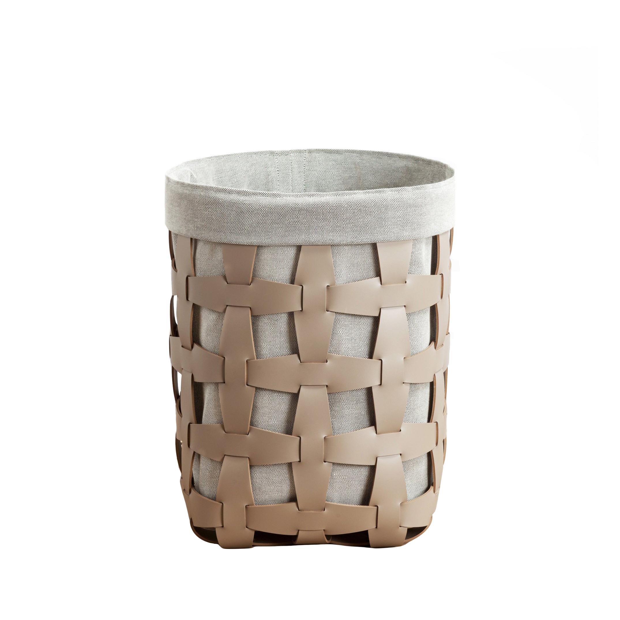 Used for storage or as a laundry and linen hamper, Pinetti's woven taupe leather Hook basket is a contemporary solution for your living space. It is handcrafted in Italy from eco-friendly and water-resistant hide, and has a removable cotton canvas