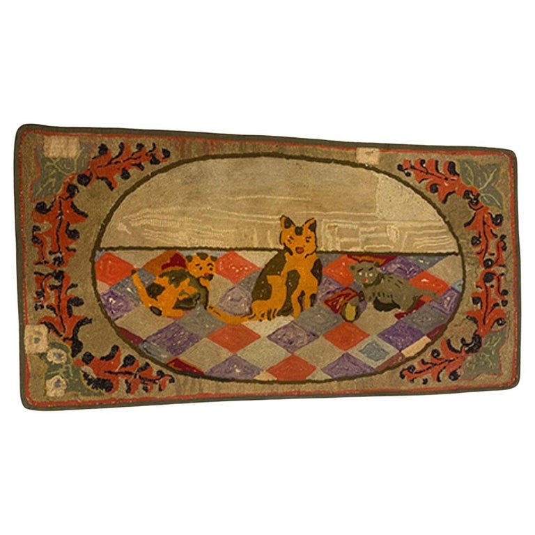 Hook Rug Antique with Cats For Sale at 1stDibs