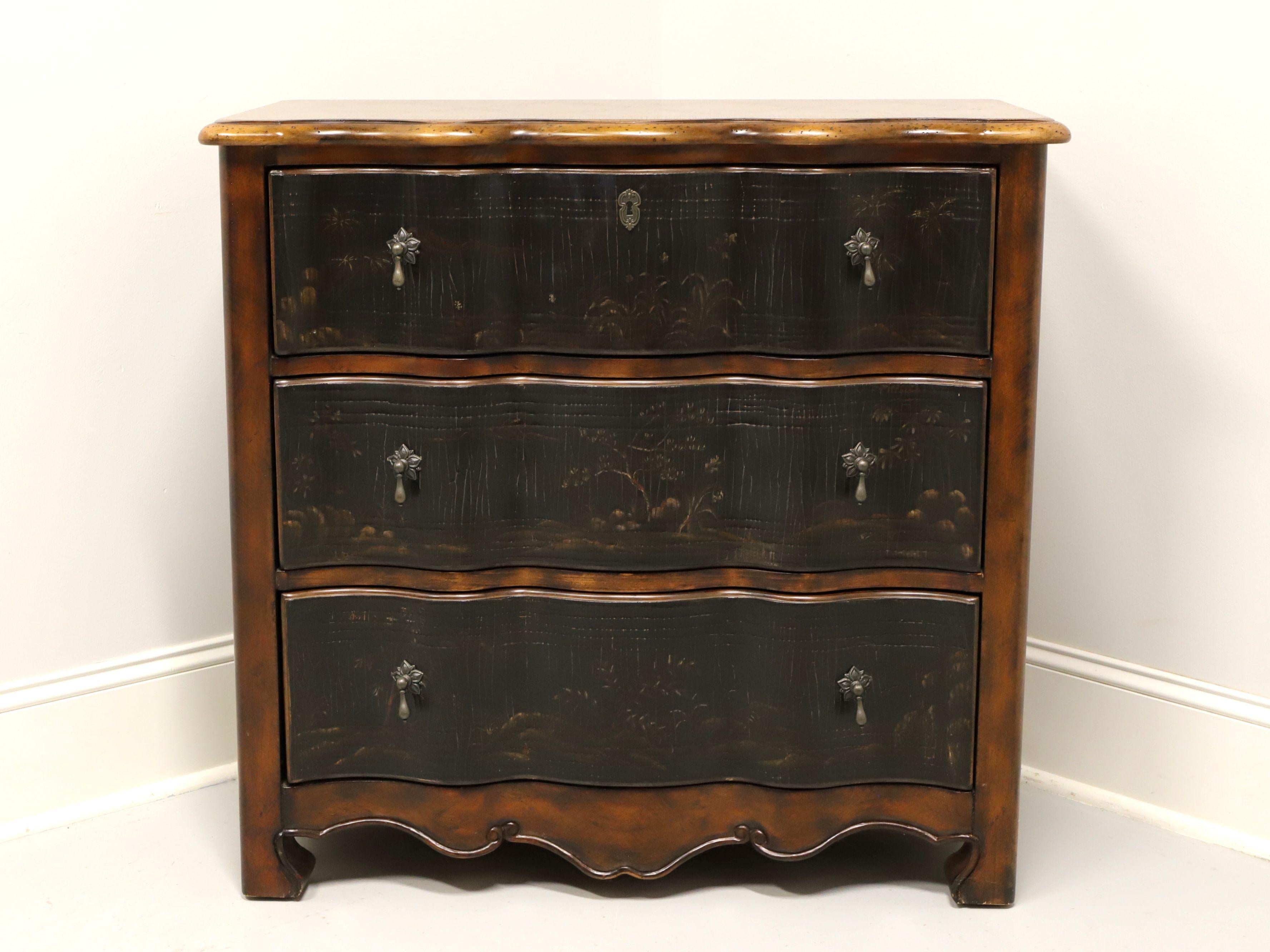 An Asian Chinoiserie style bachelor chest, by Hooker Furniture, from their Seven Seas Collection. Slightly distressed hardwood with banded parquetry top, serpentine front, painted Chinoiserie scenes to drawer fronts & sides, teardrop metal hardware,
