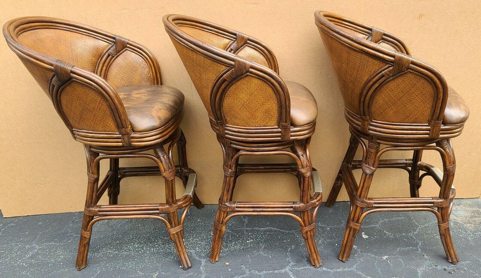 Hooker Bamboo Rattan Wicker Leather Swivel Barstools, Set of 3 In Good Condition In Lake Worth, FL