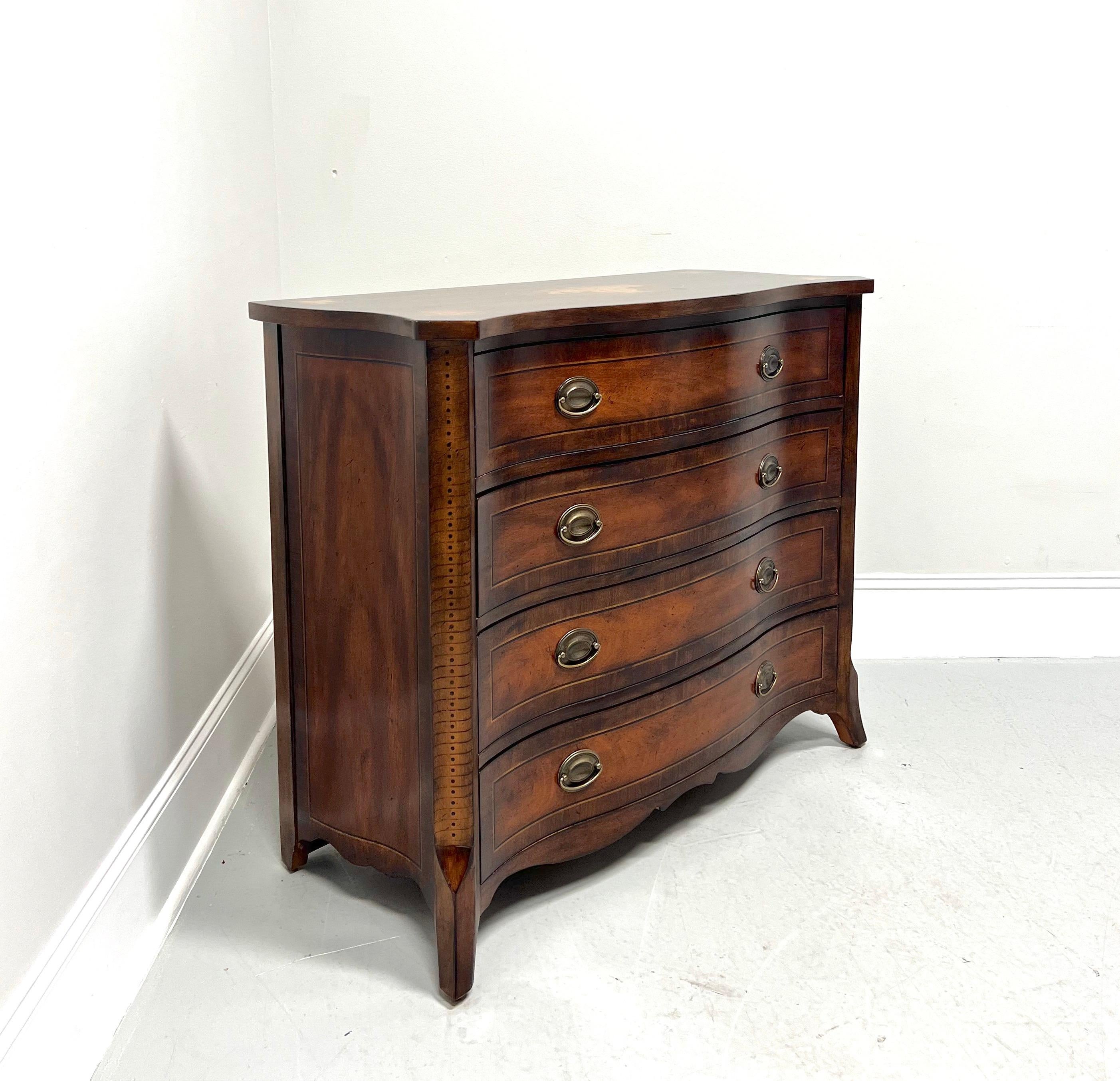 A Hepplewhite style bachelor chest by Hooker Furniture. Mahogany with brass hardware, serpentine shape, banded square edge top with stenciled faux inlays & canted front corners, stenciled design down front sides, banded drawer fronts, carved apron,