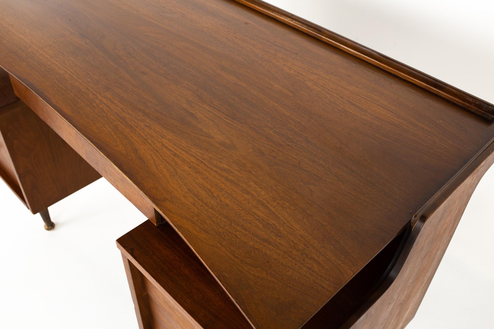 American Mainline by Hooker Mid Century Walnut Double Pedestal Floating Top Desk For Sale