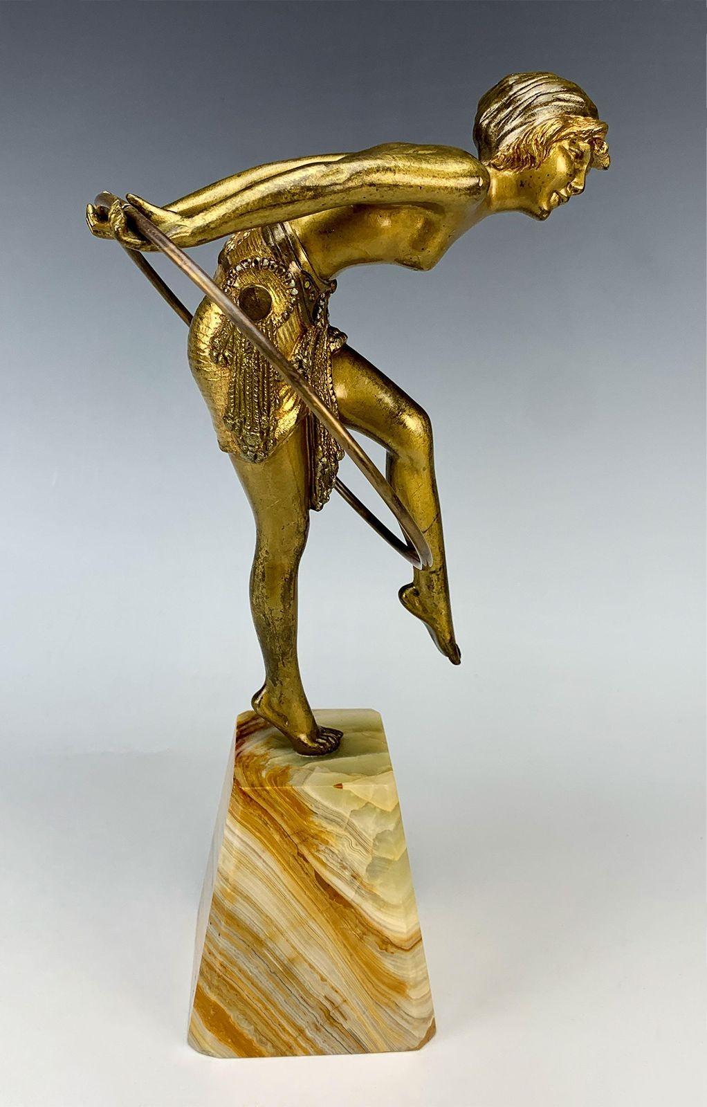French Hoop Dancer Gilt Bronze Sculpture on Onyx Base by D.H. Chiparus, c. 1920 For Sale