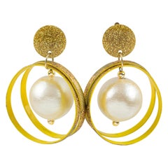 Hoop Dangle Clip Earrings Oversized Mother of Pearl Bead