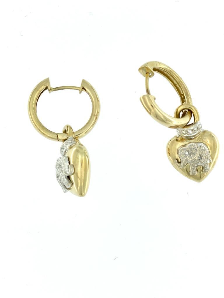 Contemporary Hoop Dangle Earrings Heart Shape Gold with Diamonds For Sale
