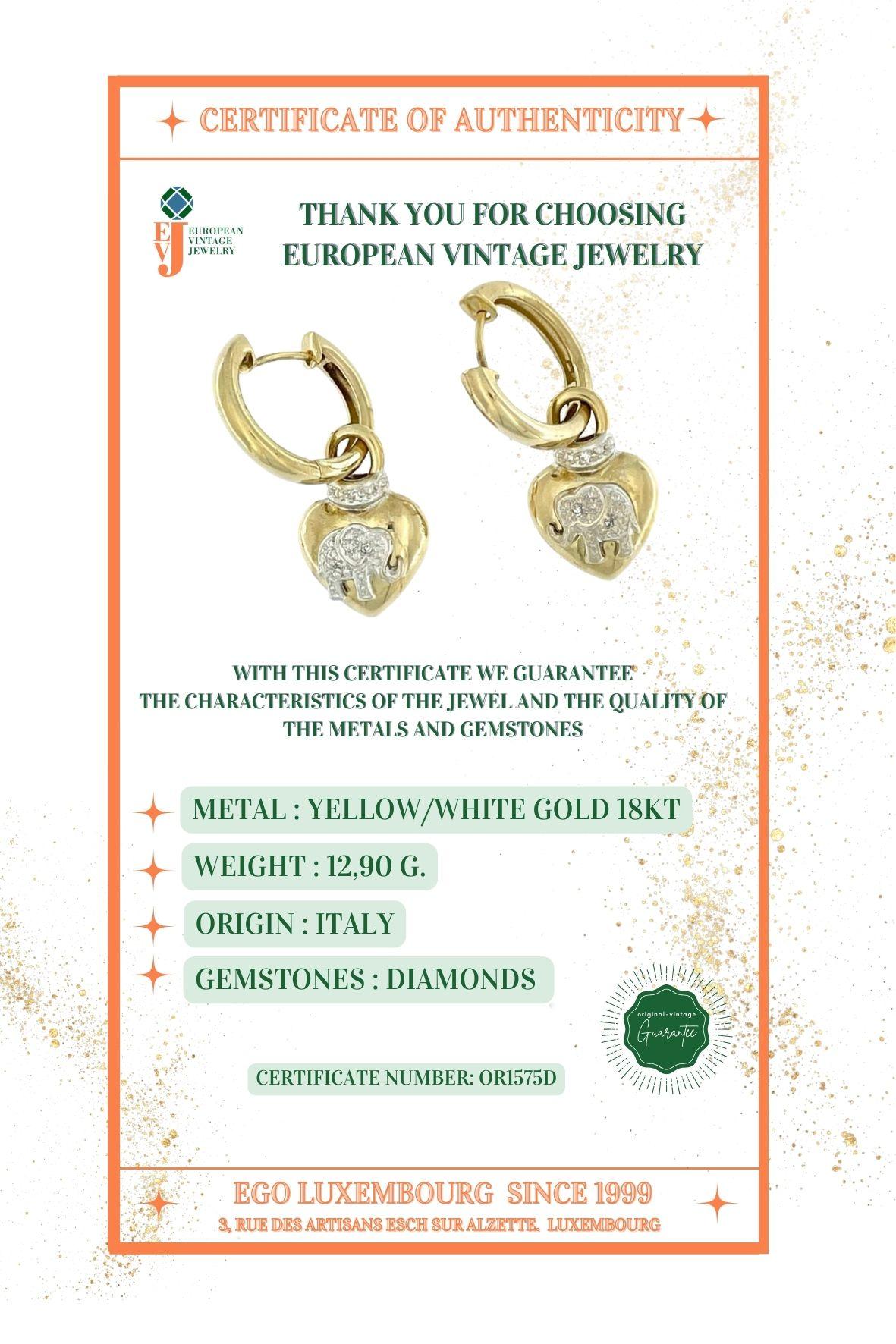 Women's Hoop Dangle Earrings Heart Shape Gold with Diamonds For Sale