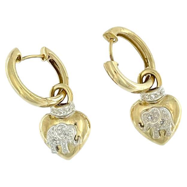 Hoop Dangle Earrings Heart Shape Gold with Diamonds For Sale