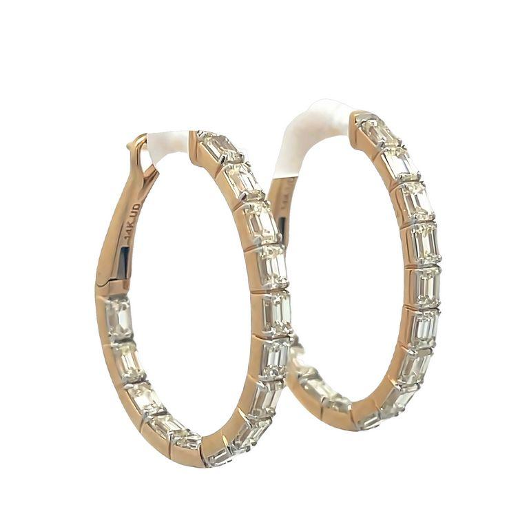 The name says it all. A pair of hoops that feature a total of 4.00 carats of emerald-cut diamonds. These are white diamonds that are perfectly crafted in 14K yellow gold, with an inside-and-out design that is perfect for everyday wear. The diamonds
