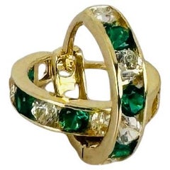 Hoop Earrings 14k Yellow Gold with Green Emeralds & Round Faceted Diamonds
