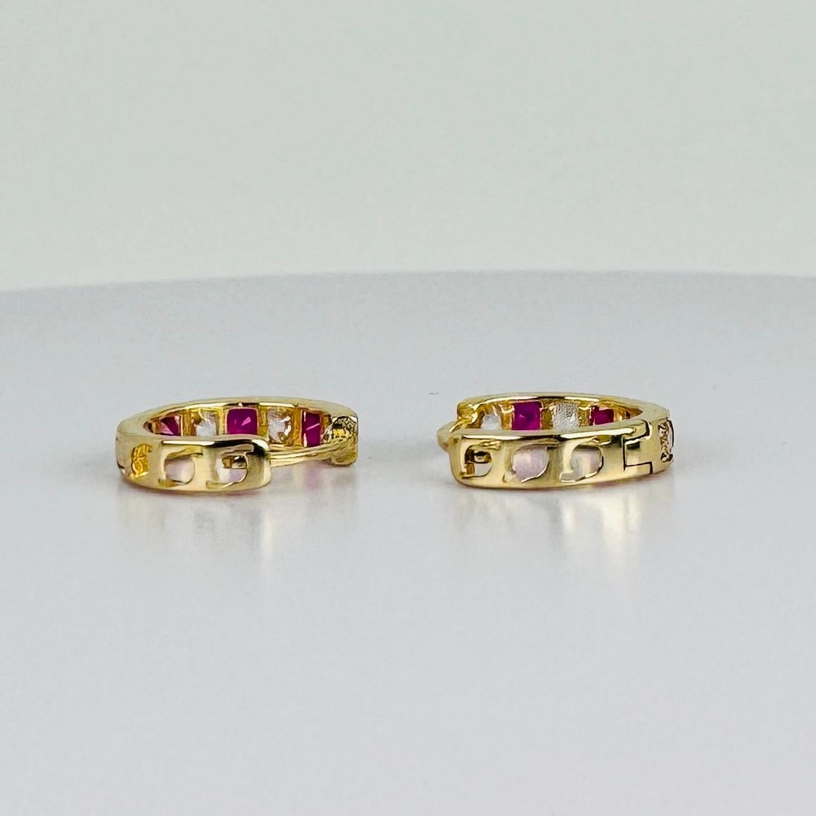 Hoop Earrings 14k Yellow Gold with Rubies Diamonds im Angebot 3